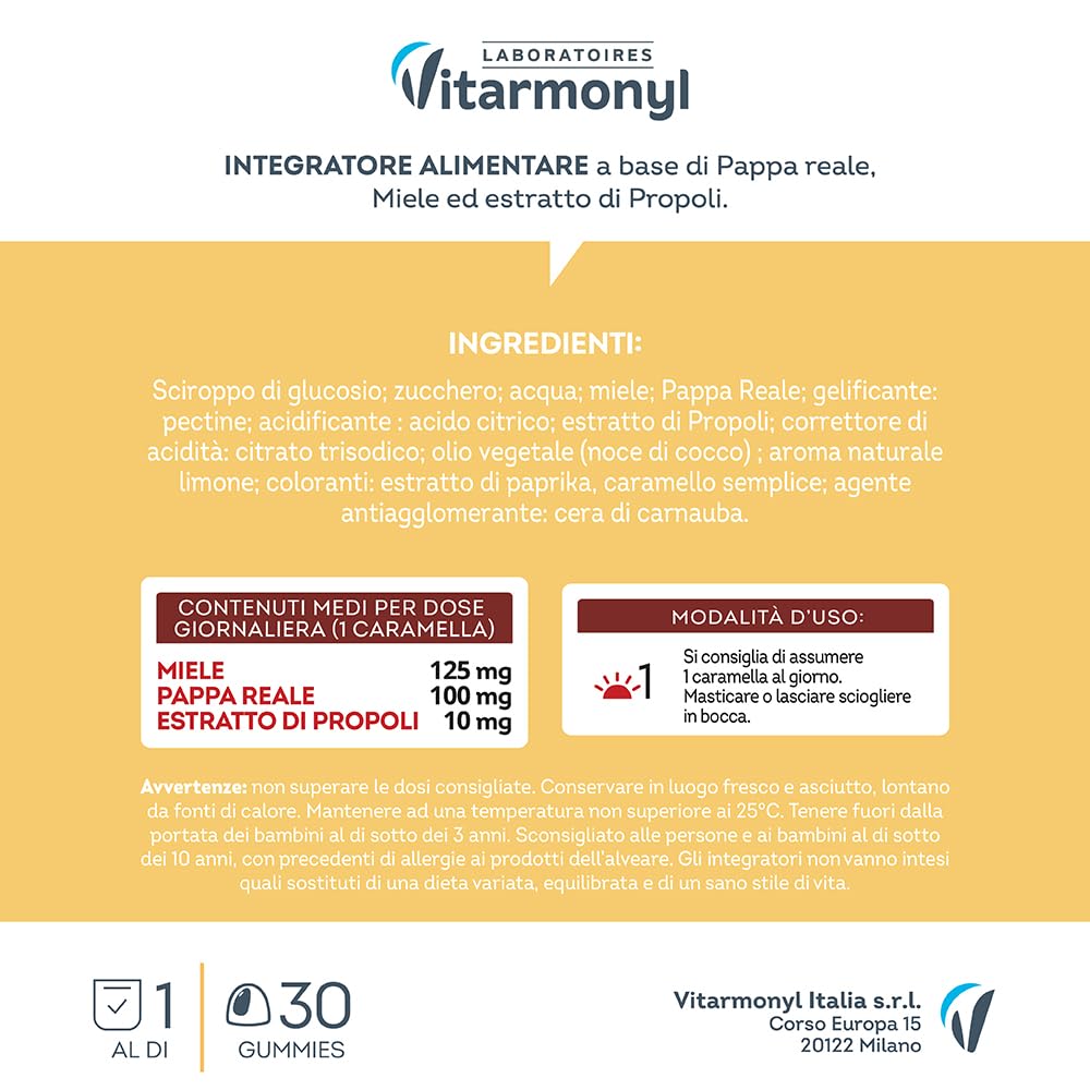 VITARMONYL PAPPA REALE GUMMIES - Con Propoli e Miele - Con Propoli e Miele - Facili da assumere - Per i Bambini +3 - Energia e Vitalità - 30 Gummies - Gusto Limone