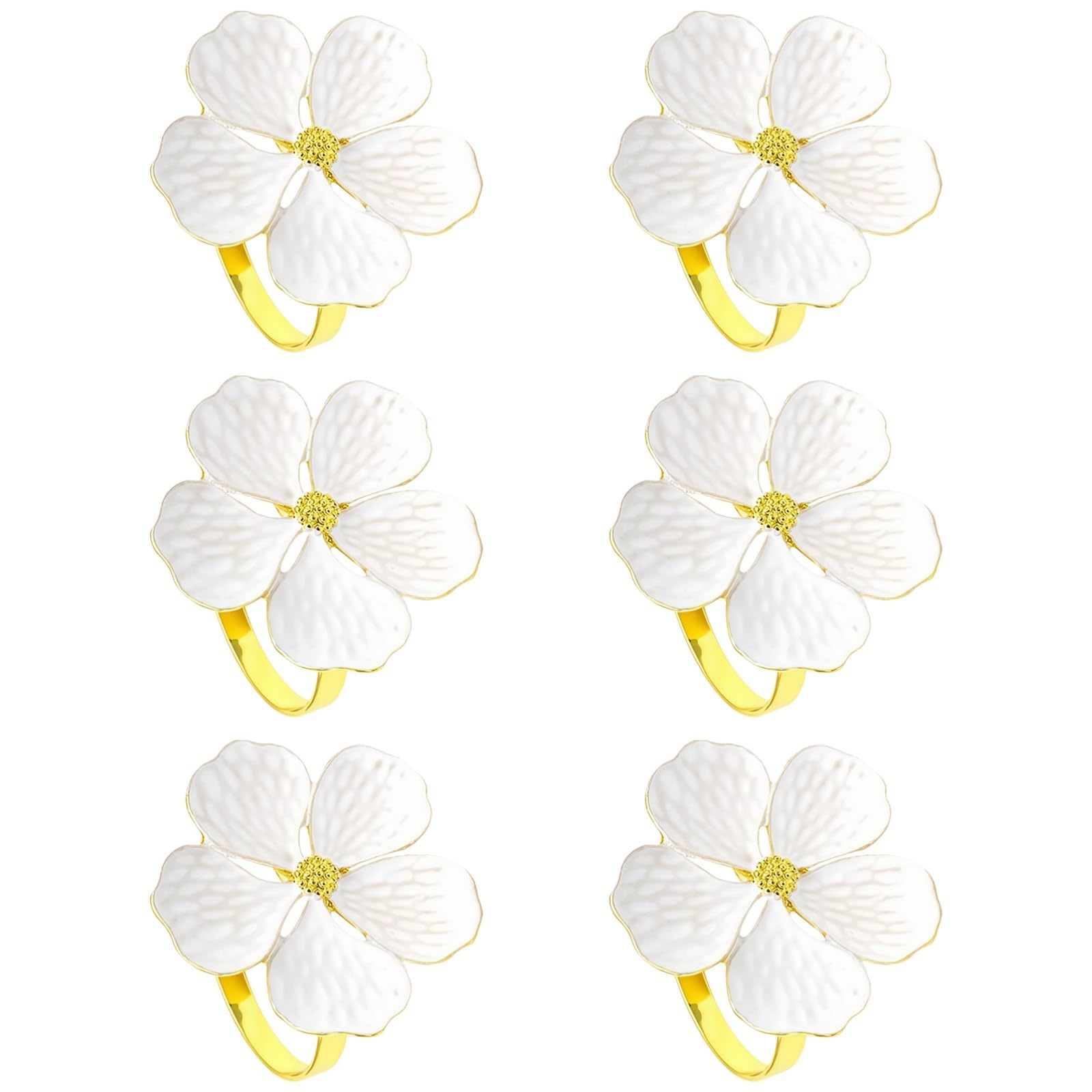 Lot de 6 Ronds de Serviette Mariage, métal Floral, Rose Blanche Accents dorés, décoration de Table élégante pour Mariages, Thanksgiving, Noël, événements spéciaux
