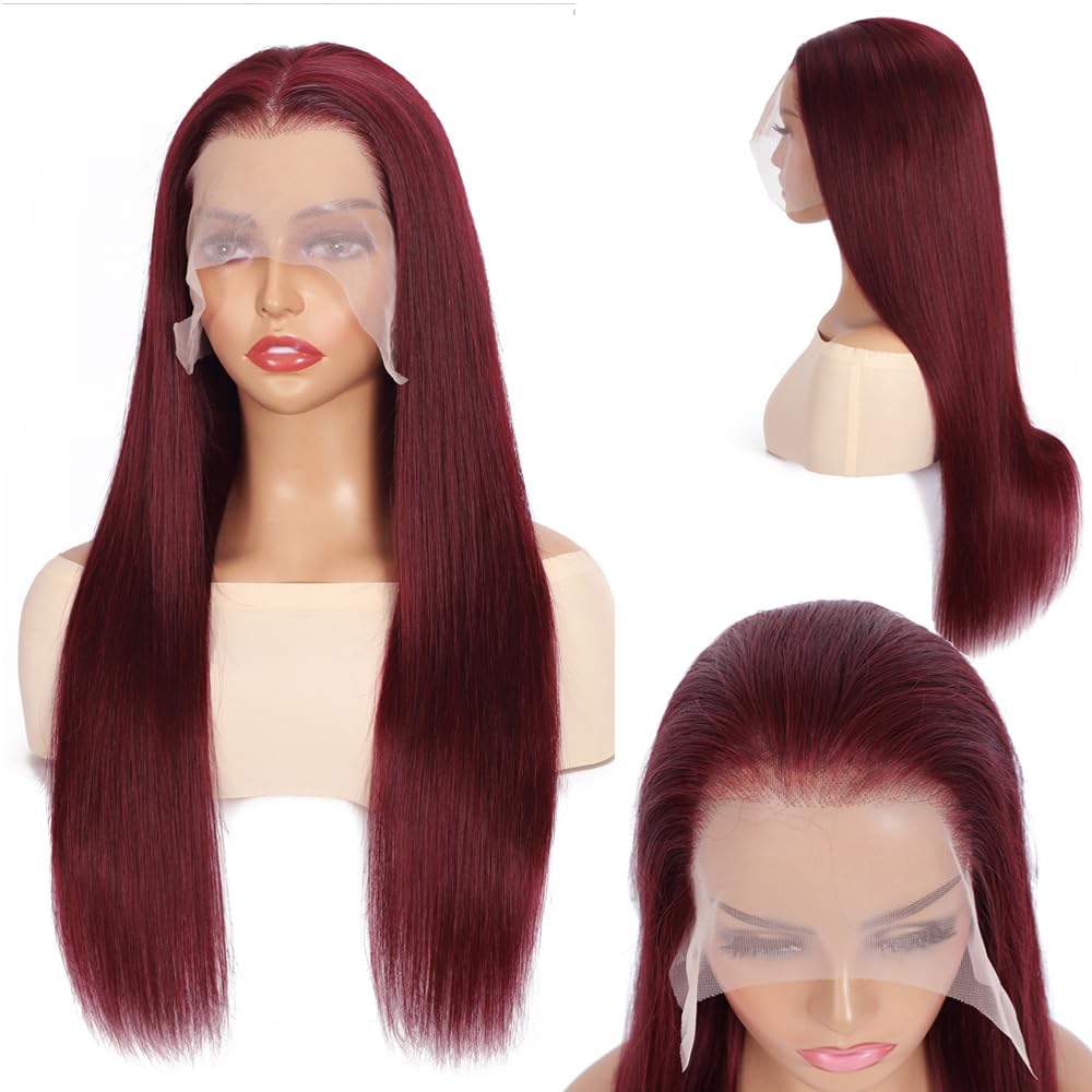 Burgundy Straight Lace Front Wigs Human Hair 13x6.5 Straight Lace Frontal Wigs 250% Density Glueless Burgundy Transparent Lace Front Wig Human Hair Colored (26 inch, 99j)
