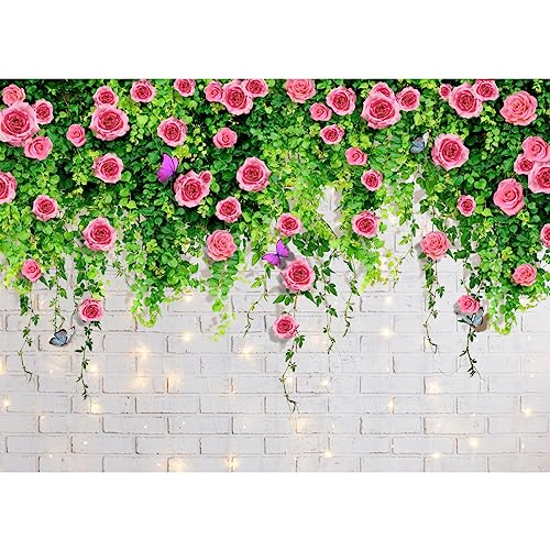 7x5ft Rose Flower Wall Backdrop Brick Wall Red Floral Photography Background for Wedding Bridal Shower Mother's Day Tea Party Photo Backdrop Decorations
