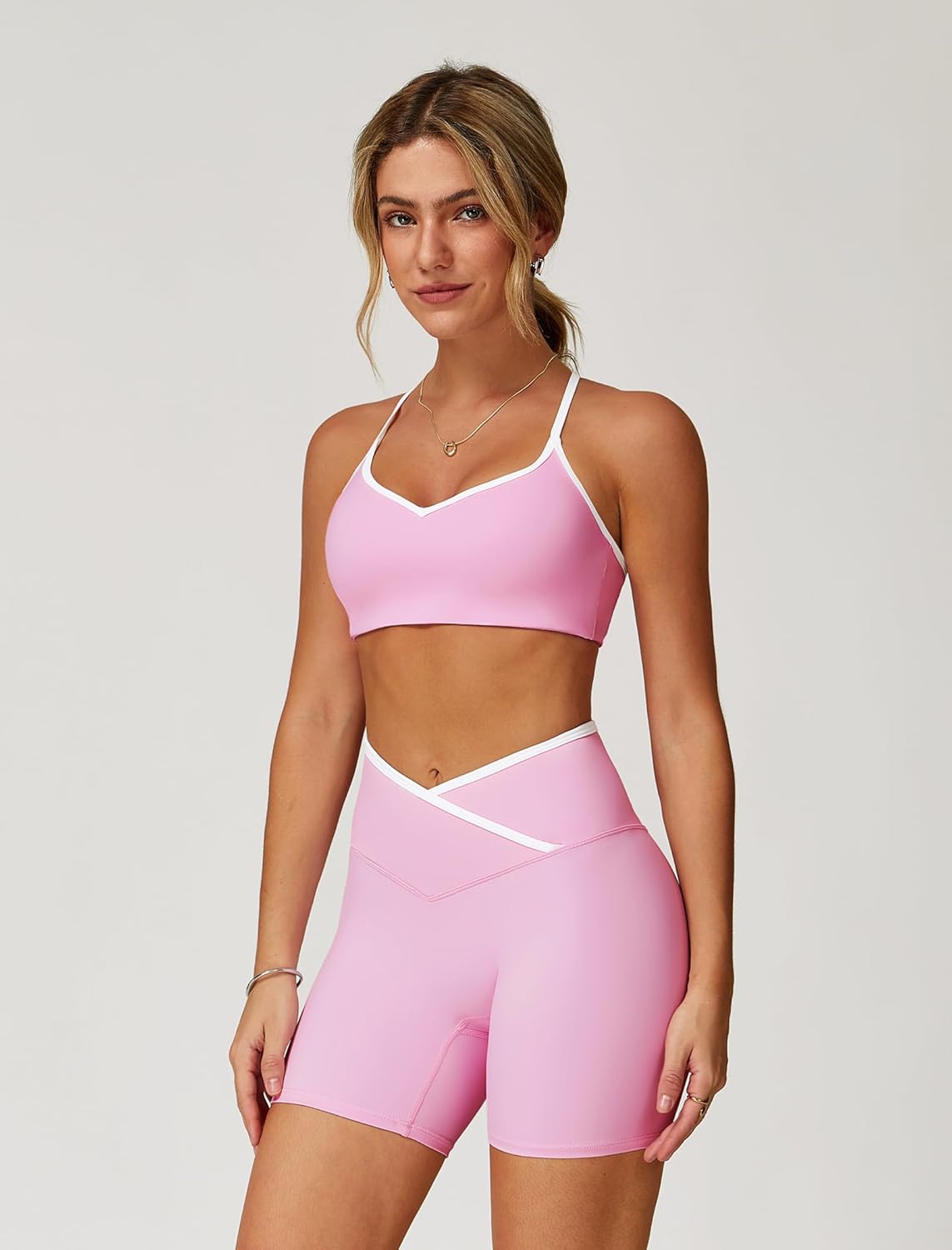 ABOCIW Workout Sets for Women 2 Piece Color Block Strappy Sports Bra Crossover High Waist Shorts Gym Yoga Pilates Outfits - Image 4