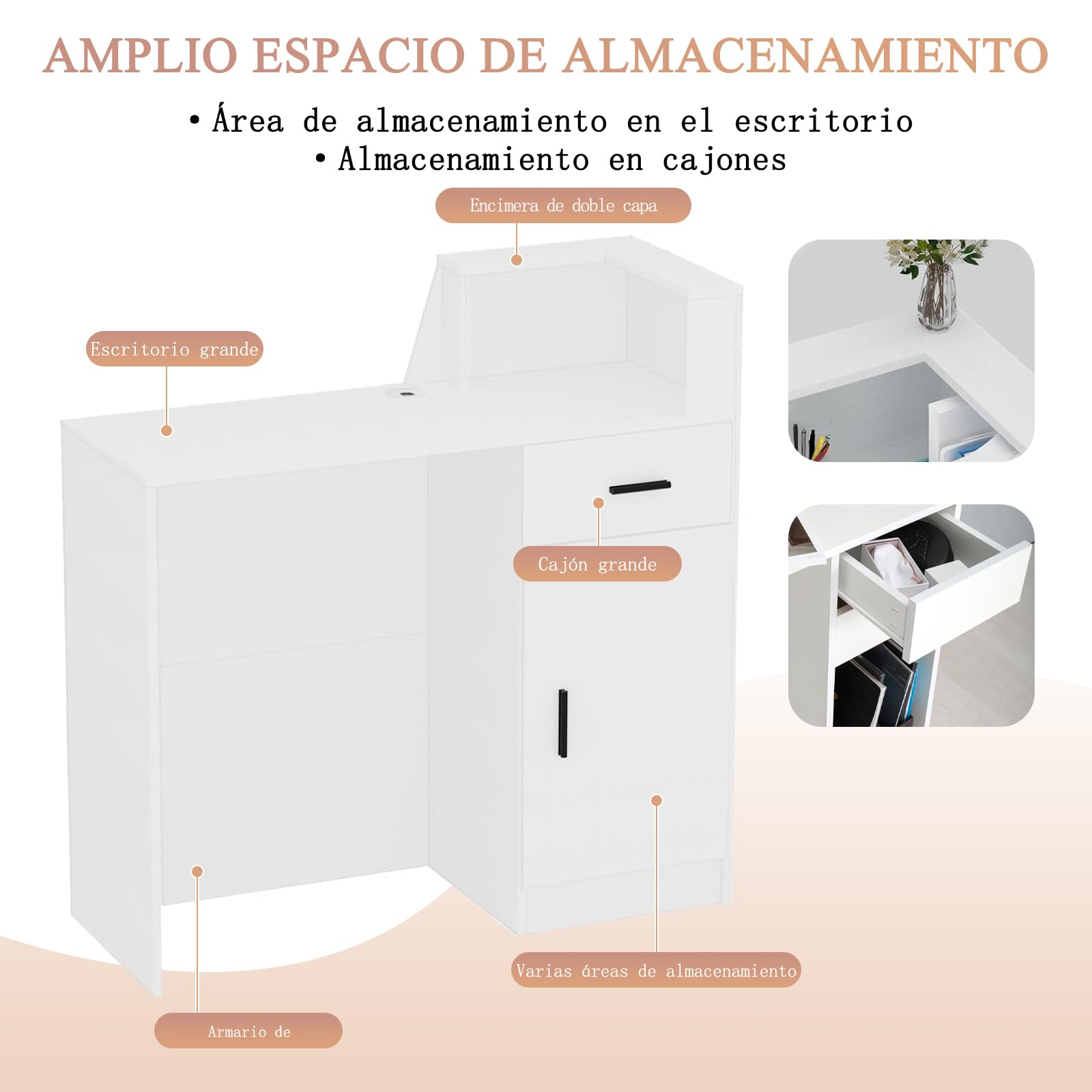 Mostrador de Recepción con Cajón y Estantes – Banco de Recepción Moderno con Amplio Almacenamiento, Escritorio para Oficina, Tienda, Salón de Belleza o Cafetería