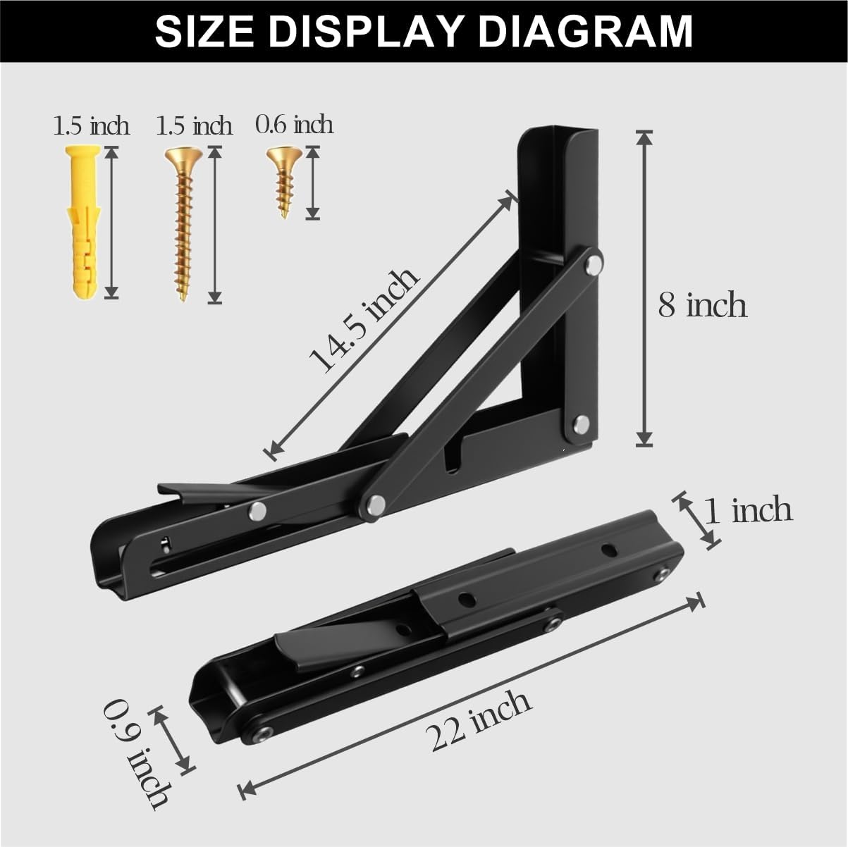 22 Inch Heavy Duty Folding Shelf Bracket - Black ，Metal Collapsible Wall Mount for Garages, Space-Saving Supports for Garage/RV/Kitchen/Backyard，Maximum Bearing Capacity is 360 lbs, 2 PCs/Set