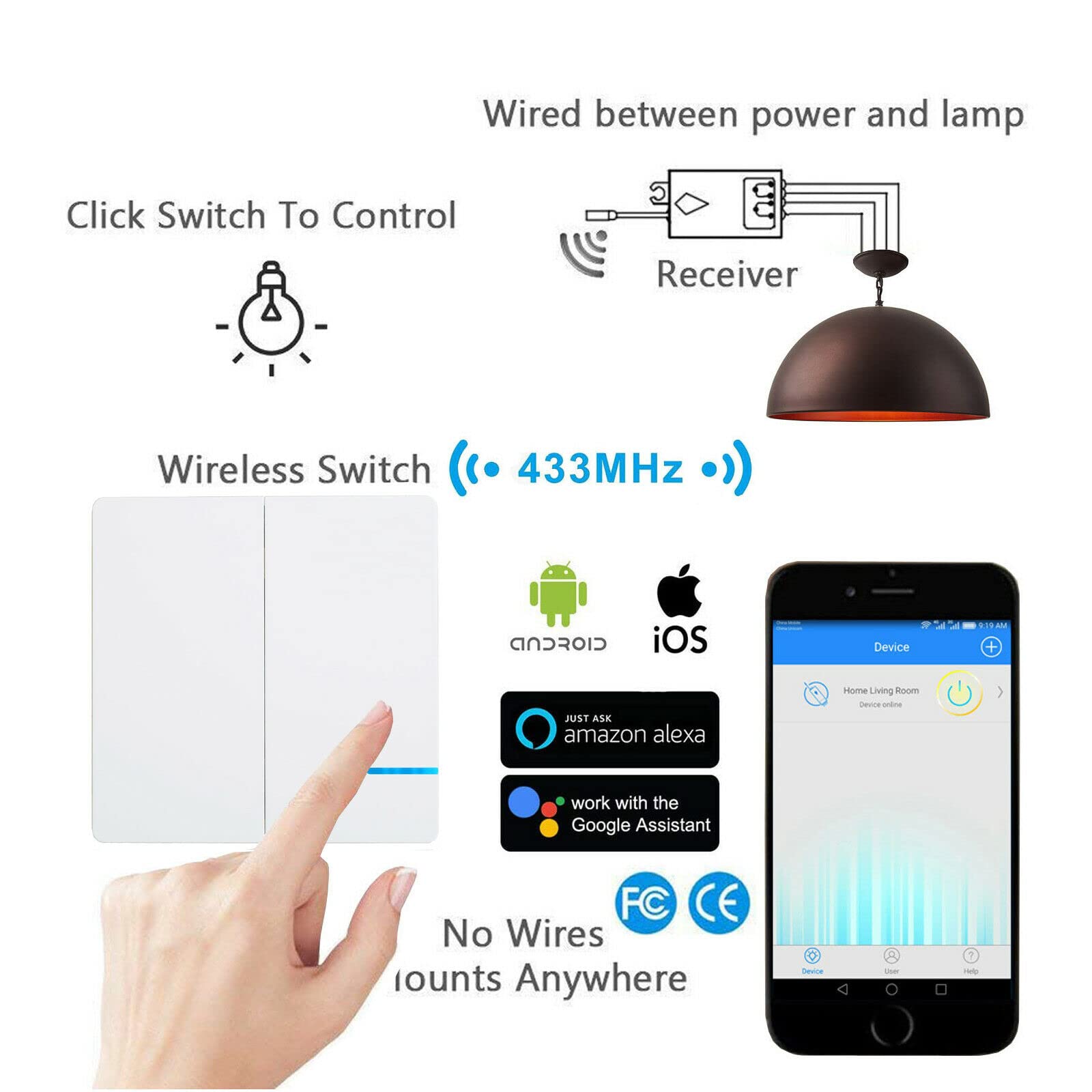 NineLeaf Wireless WIFI Lichtschalter und Empfänger, Dual-Control-Taster ohne Verkabelung, 2GANG Wireless Panel Switch, wasserdichter Smart-Fernlichtschalter für Hauslampen-LED