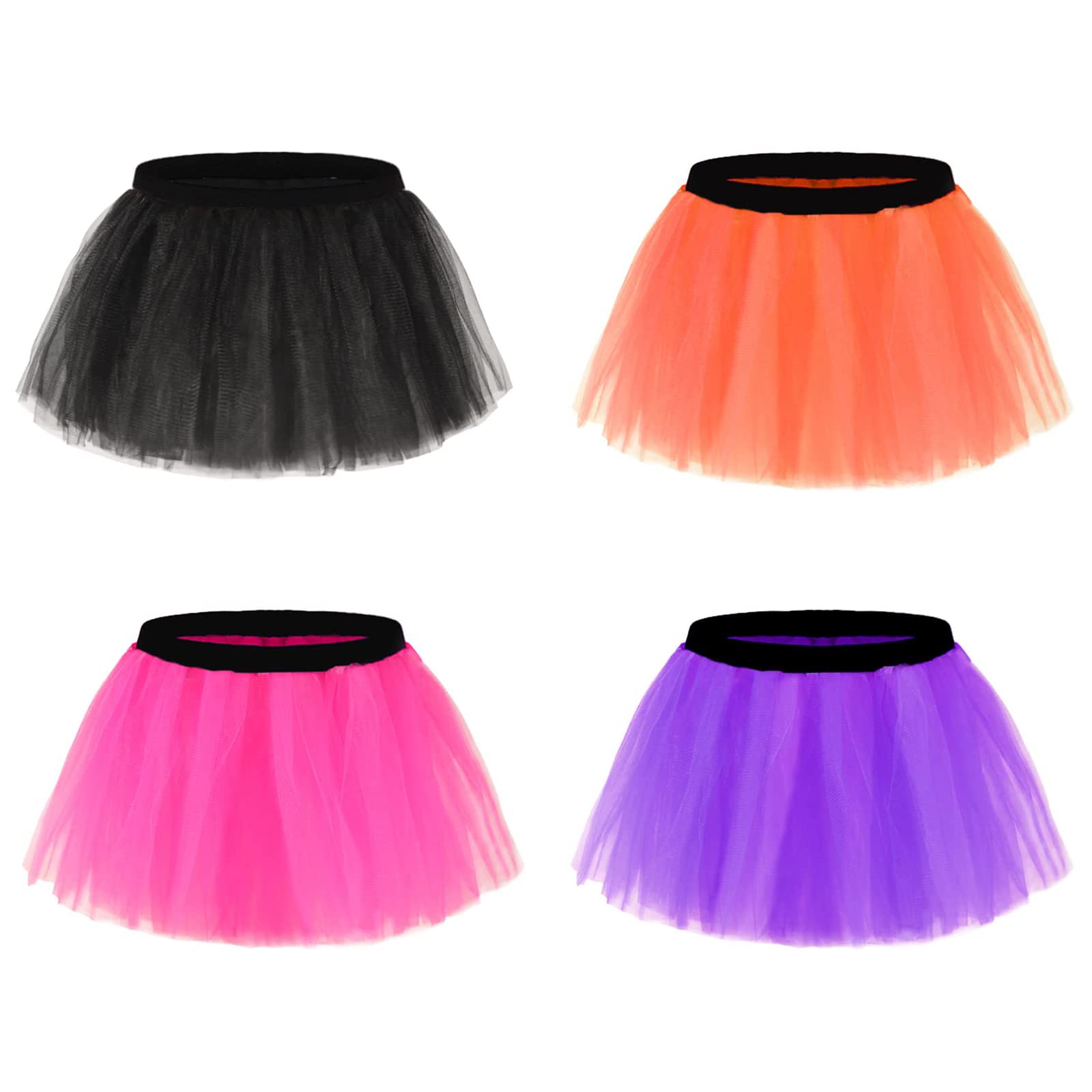 MOONMNMagicor 4 Pack Runner Tutu Skirts Women Tulle Skirt 3 Layered Elastic Puffy Tutus 80s Fancy Dress Costumes (Multi-01)