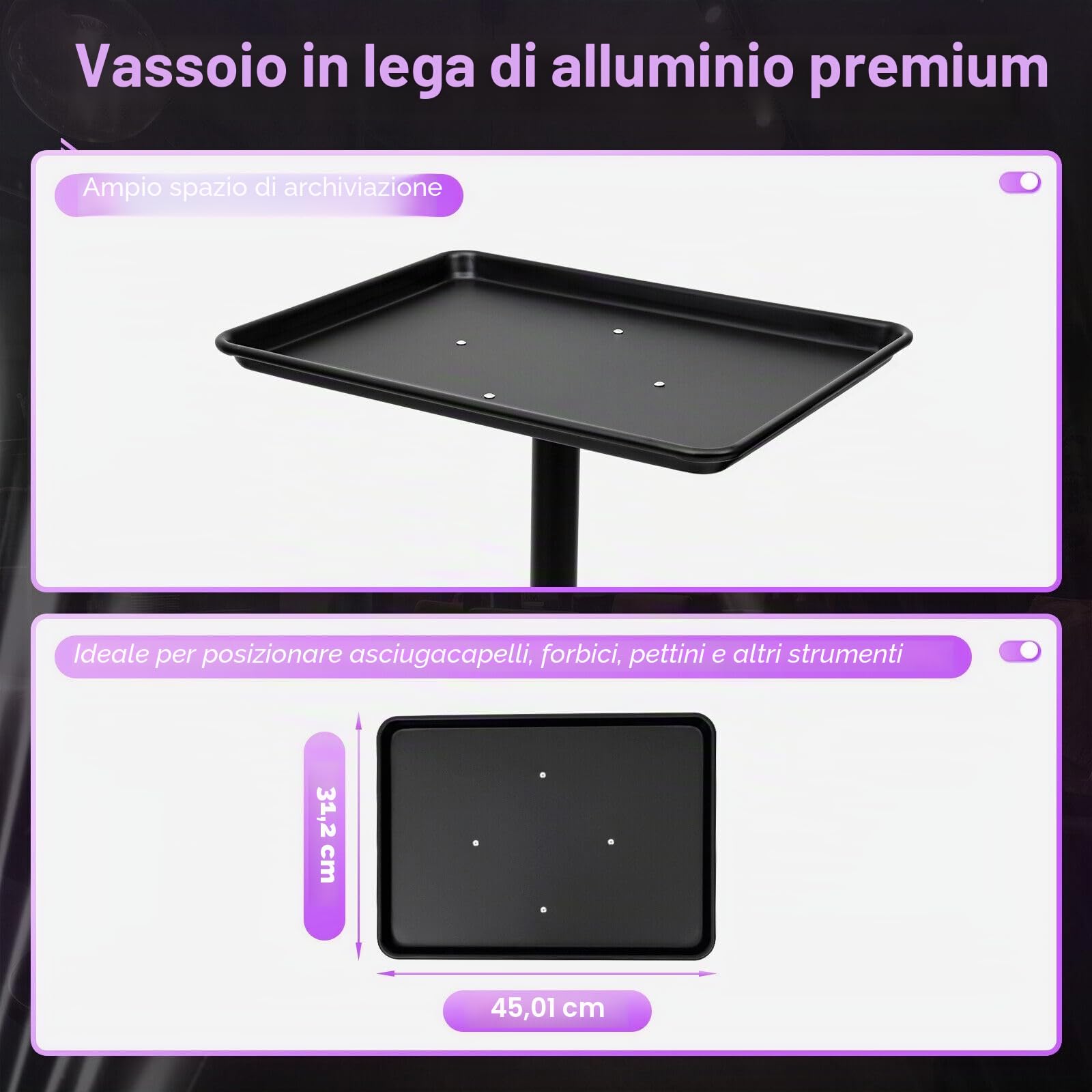 Carrello per tatuaggi da salone, vassoio rotante per salone, carrello in alluminio, attrezzatura su ruote e regolabile in altezza per carrello odontoiatrico, carrello per parrucchiere (Nero)