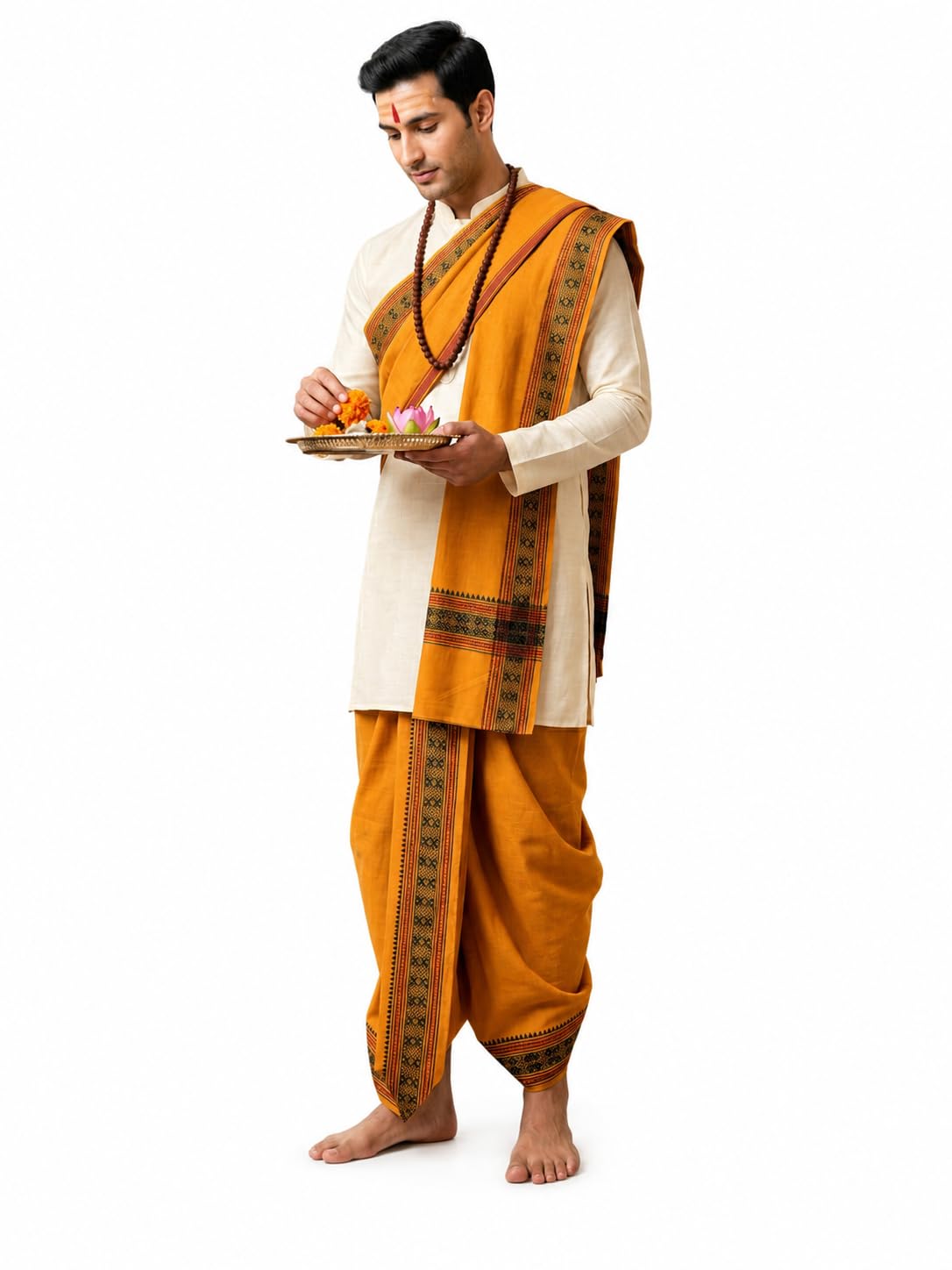 Traditional Men's Dhoti Kurta Set with Angavastram-image-49