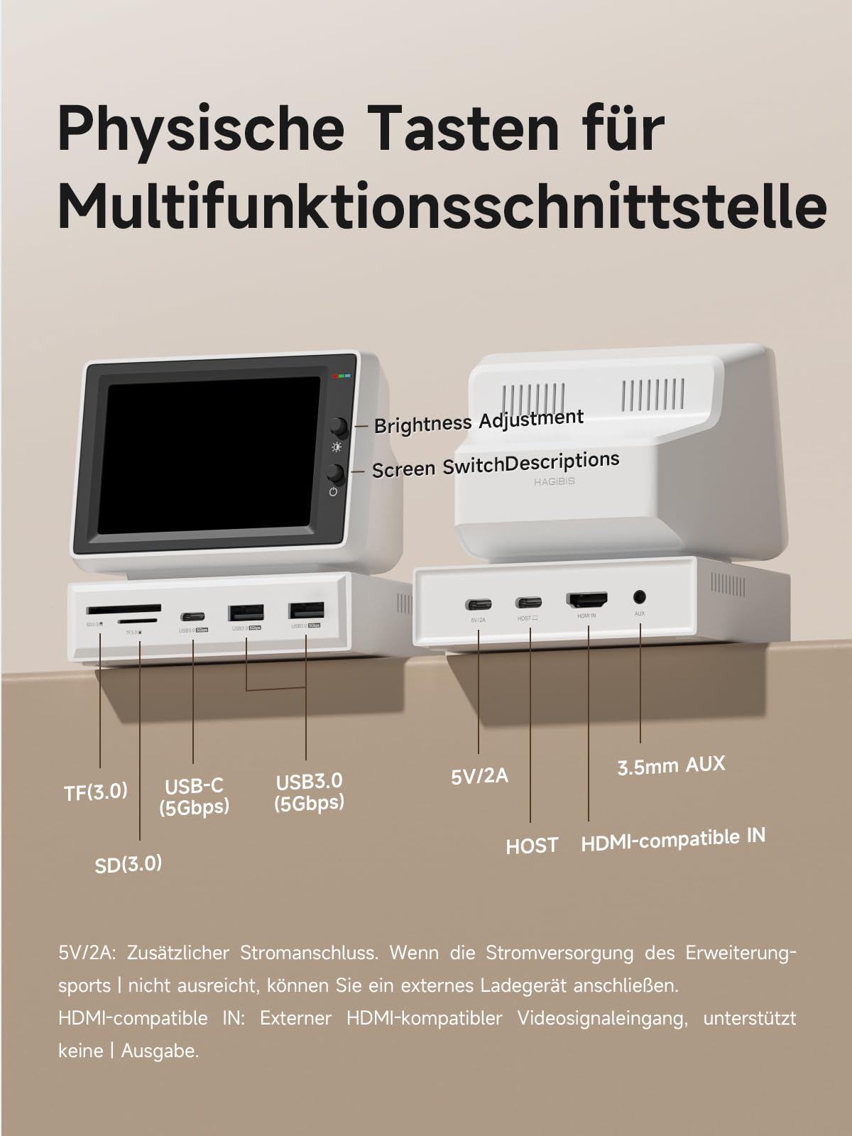 Hagibis Mini Monitor 3,5 Zoll IPS Bildschirm USB-C Hub SD Leser Uhr (X86) | Ein-Kabel-Verbindung für Daten, Strom & Anzeige. Zeigt Temperatur & Uhrzeit live an, mit USB-A/C & SD/microSD Anschlüssen.