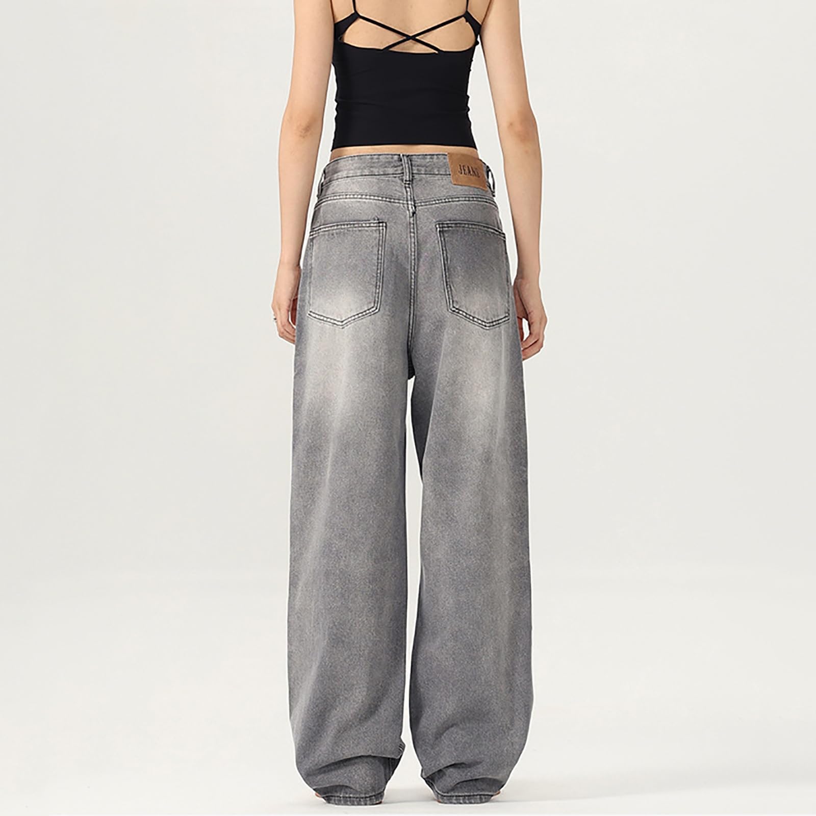 Damskie Dżinsy Proste Luźne Spodnie Cargo z Niskim Stanem Szerokie Nogawki Spodnie Boyfriend Luźne Spodnie Rekreacyjne Dżinsy Wiosenne Streetwear Dżinsy Cargo Szare Sprane