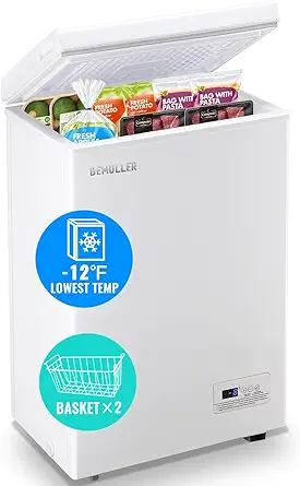 Chest Freezer 3.5 CU.FT Ultra-Low Temperature Deep Freezing Machine (Down to -12 ℉) with Two Removable Baskets Freestanding White Small Mini Compact Fridge Freezer for Home Kitchen Office