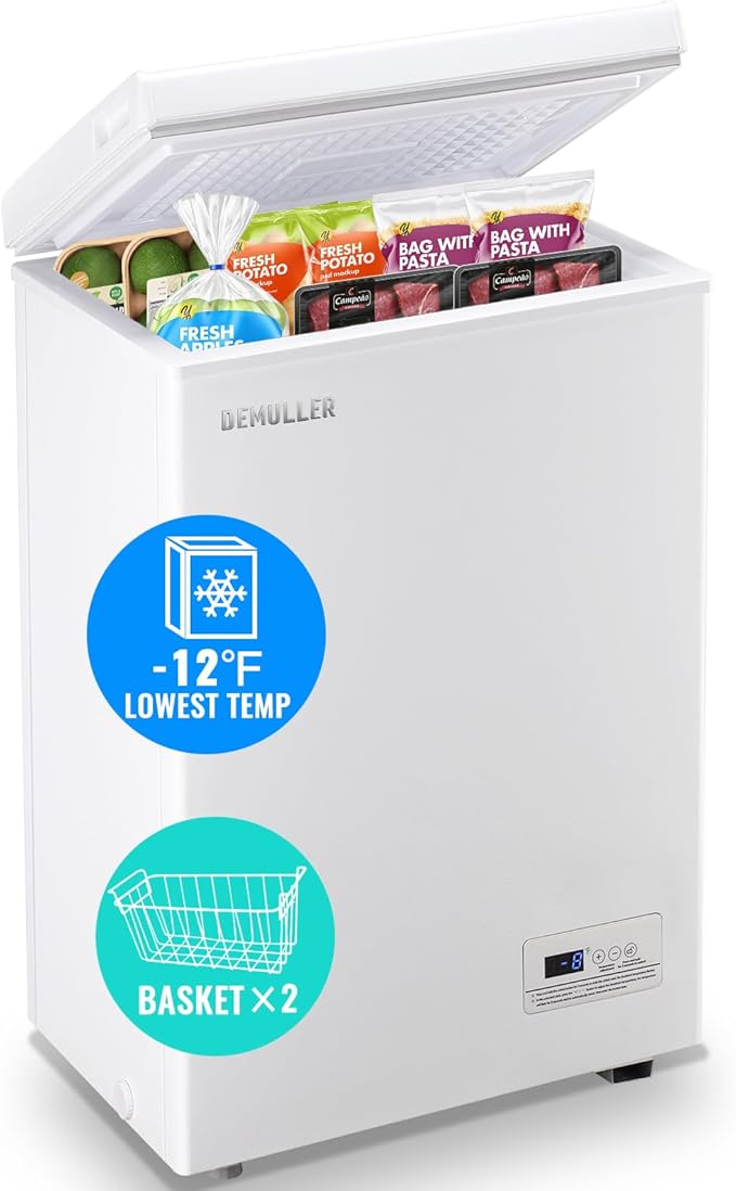 Chest Freezer 3.5 CU.FT Ultra-Low Temperature Deep Freezing Machine (Down to -12 ℉) with Two Removable Baskets Freestanding White Small Mini Compact Fridge Freezer for Home Kitchen Office