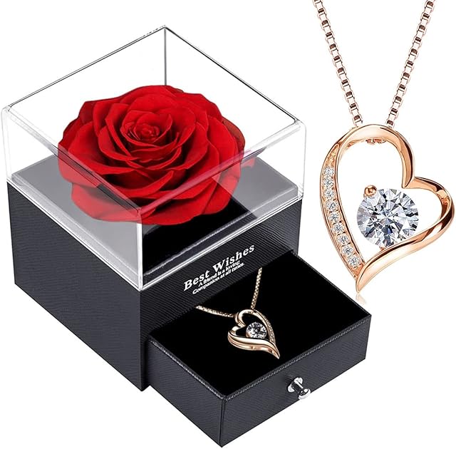 SWEETIME Eternal Rose Gift Box Preserved Rose with Necklace,Forever Red Rose with 925 Sterling Silver Heart Necklace,, Enchanted Real Flower Box for Her on Valentine's Day Anniversary