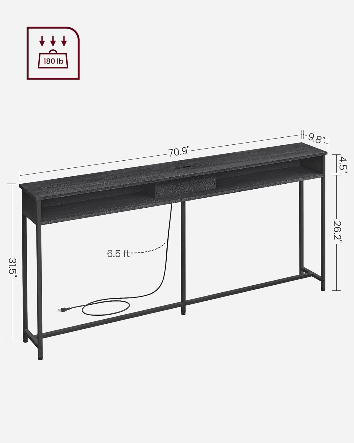 Diagram showing the dimensions of the VASAGLE console table and its components