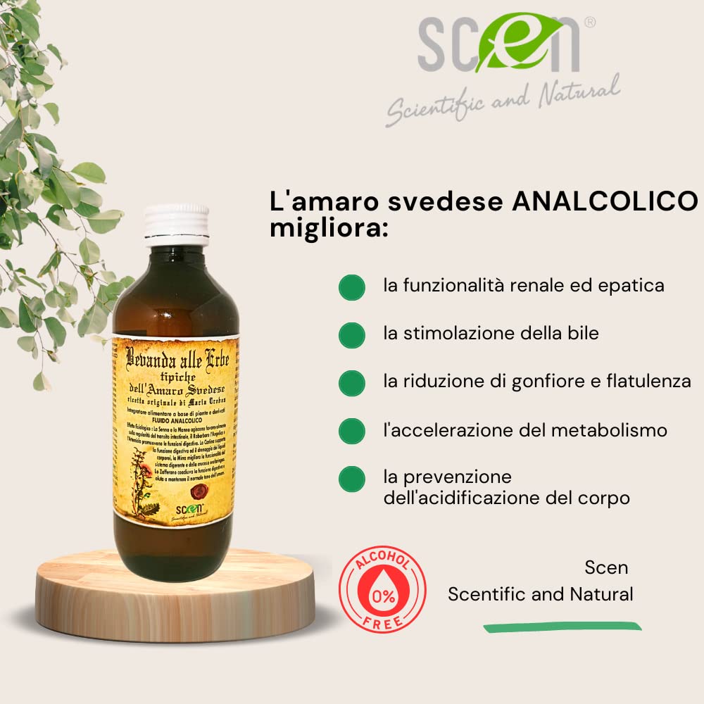 SCEN Amaro Svedese Maria Treben Originale Senza Alcool Preparato con Erbe Svedesi Naturali Efficace e Concentrato Diuretico Drenante per Gonfiore Addominale 200 ML Made in Italy