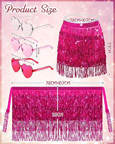 6 Pcs Sequin Skirt Set 3 Glitter Skirt Sequin Fringe Mini Skirt Holographic Tassel Skirts With 3 Heart Sunglasses For Disco Outfit Cowgirl Skirt Women Girls Costume (Romantic Colors) #TOP1