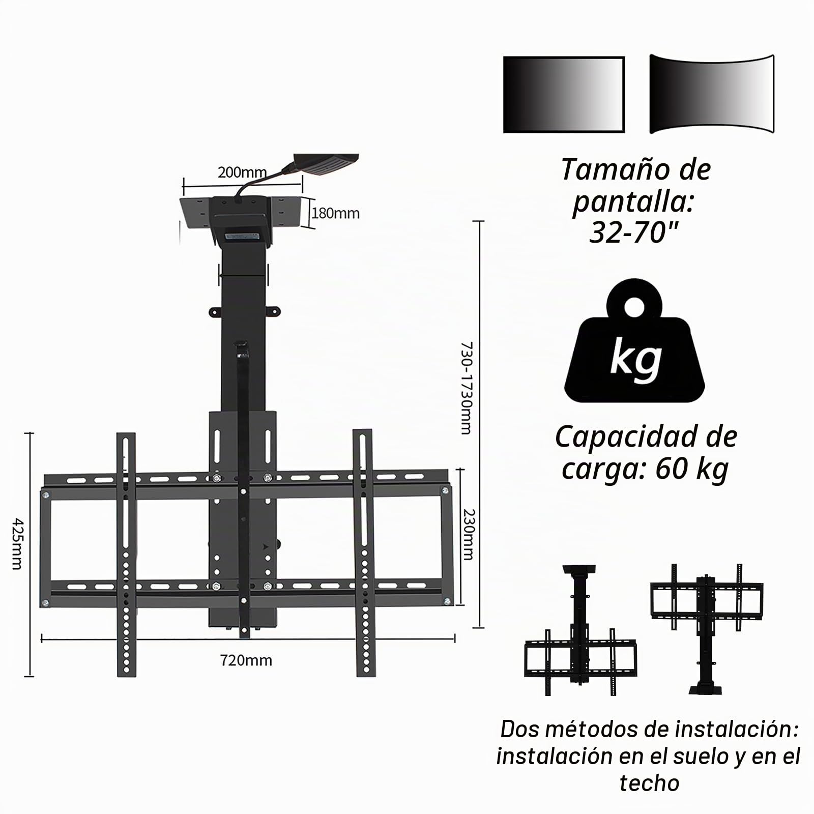 Soporte Techo TV Motorizado para Pantalla de 32 a 70 Pulgadas, Smart Ajustable Con Control Remoto, MAX VESA 600x400mm, Soporta 60kg