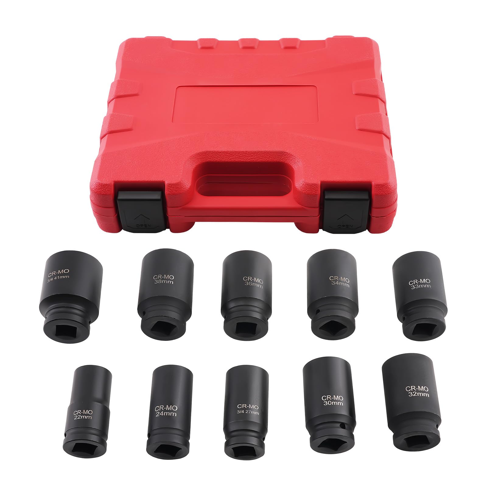 maXpeedingrods 10-częściowy zestaw wkrętaków głębokich 3/4" metrycznych 22-41 mm 6-kątne, sześciokątne, do nakrętek do kół do dużych obciążeń, nasadki do wkrętarki udarowej, zestawy kluczy nasadowych