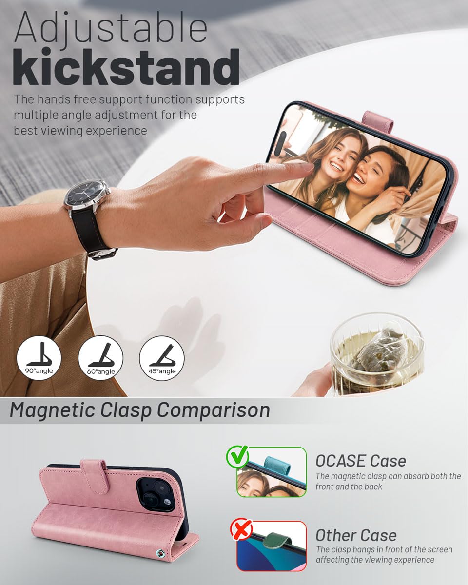 OCASE Custodia iPhone 15 Plus, Cover iPhone 15 Plus Interno TPU Antiurto Portafoglio [RFID Blocking] [Carta Fessura] [Supporto Stand] Custodie in Pelle per iPhone 15 Plus (6,7 Pollici) - Rosa