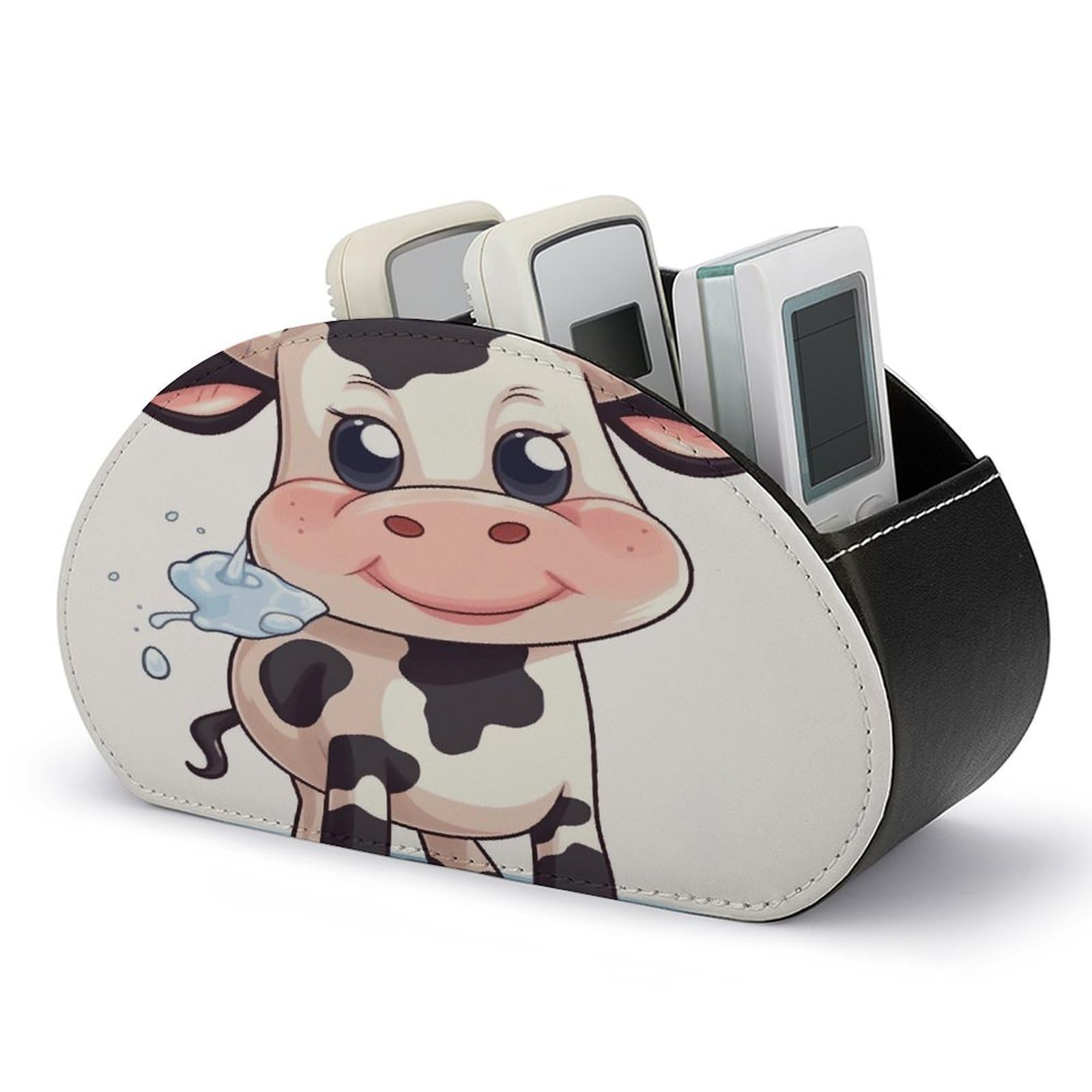 JTREHY Cartoon Milk Cow Remote Control Holder 5 Compartments Remote Caddy Tray PU Leather TV Remoter Storage Box Bedside Table Storage Organizer Office Desk Storage Case