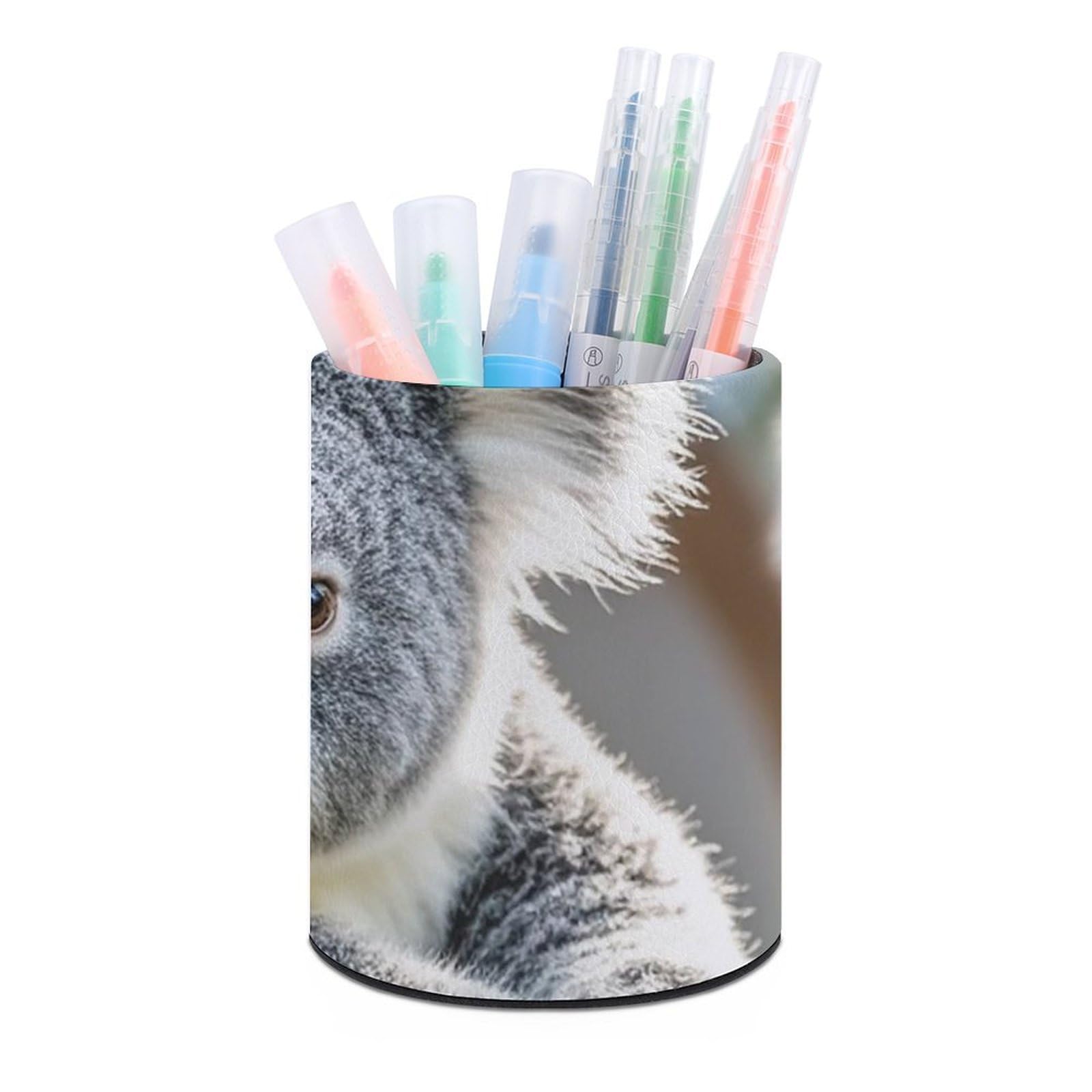 FekiLoot PU Leather Round Pen Holder Lovely Koala Pencil Holder Desk Organizer Pen Organizer Pen Cup Pencil Cup Caddy Desktop Stationery Organizers for Office Home Supplies