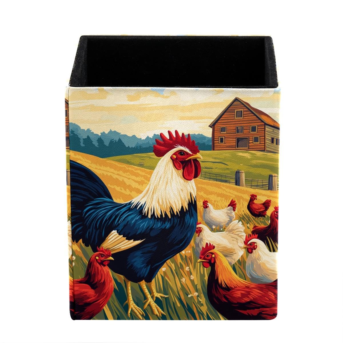 Farmhouse Rooster Chicken Pen Holder Pen Pot, Square Pencil Cup for Desk