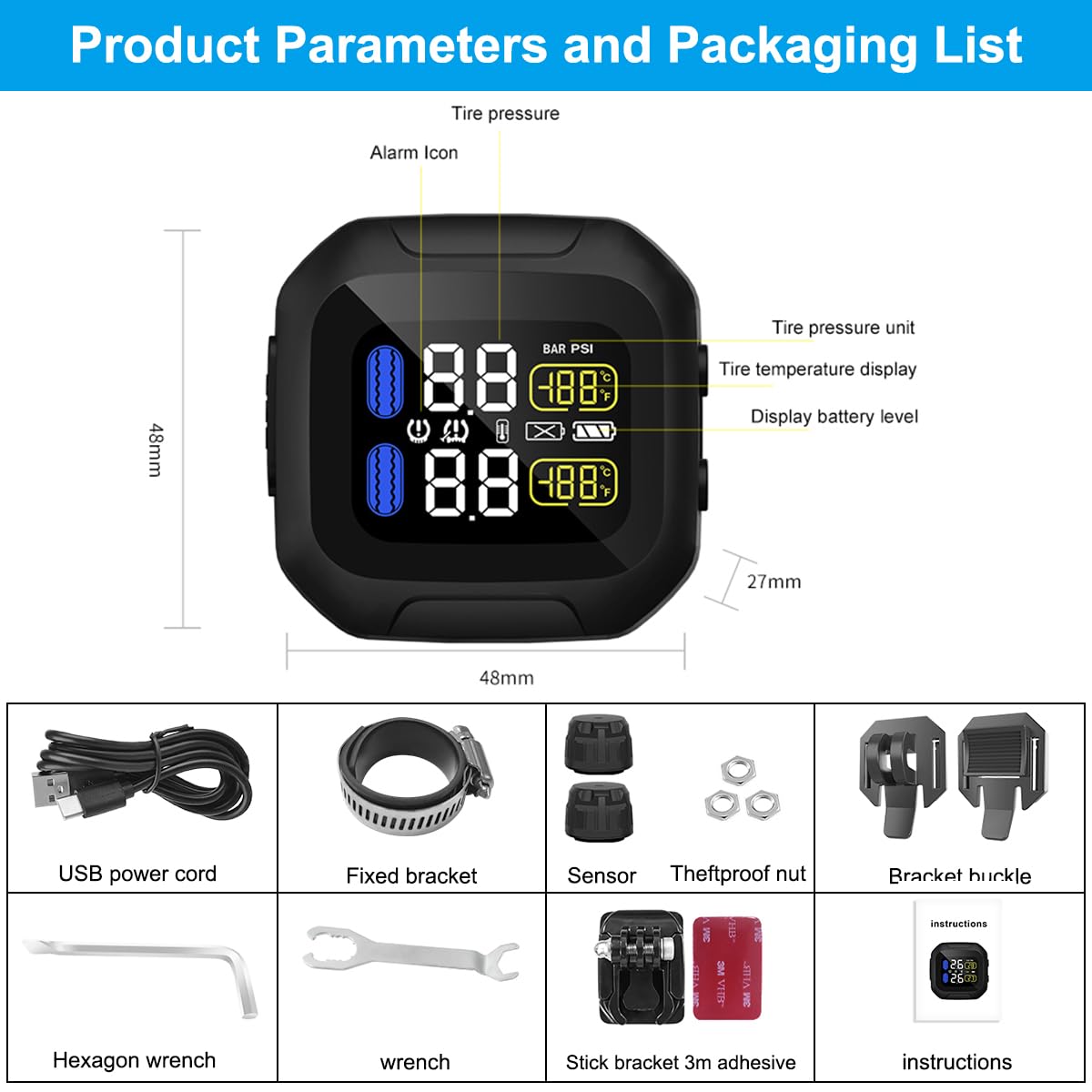 OBEST Motorrad TPMS Reifendruckkontrollsystem Reifendruck Kabellos Reifendruckmesser USB Power LCD Display mit 2 Externen Sensor