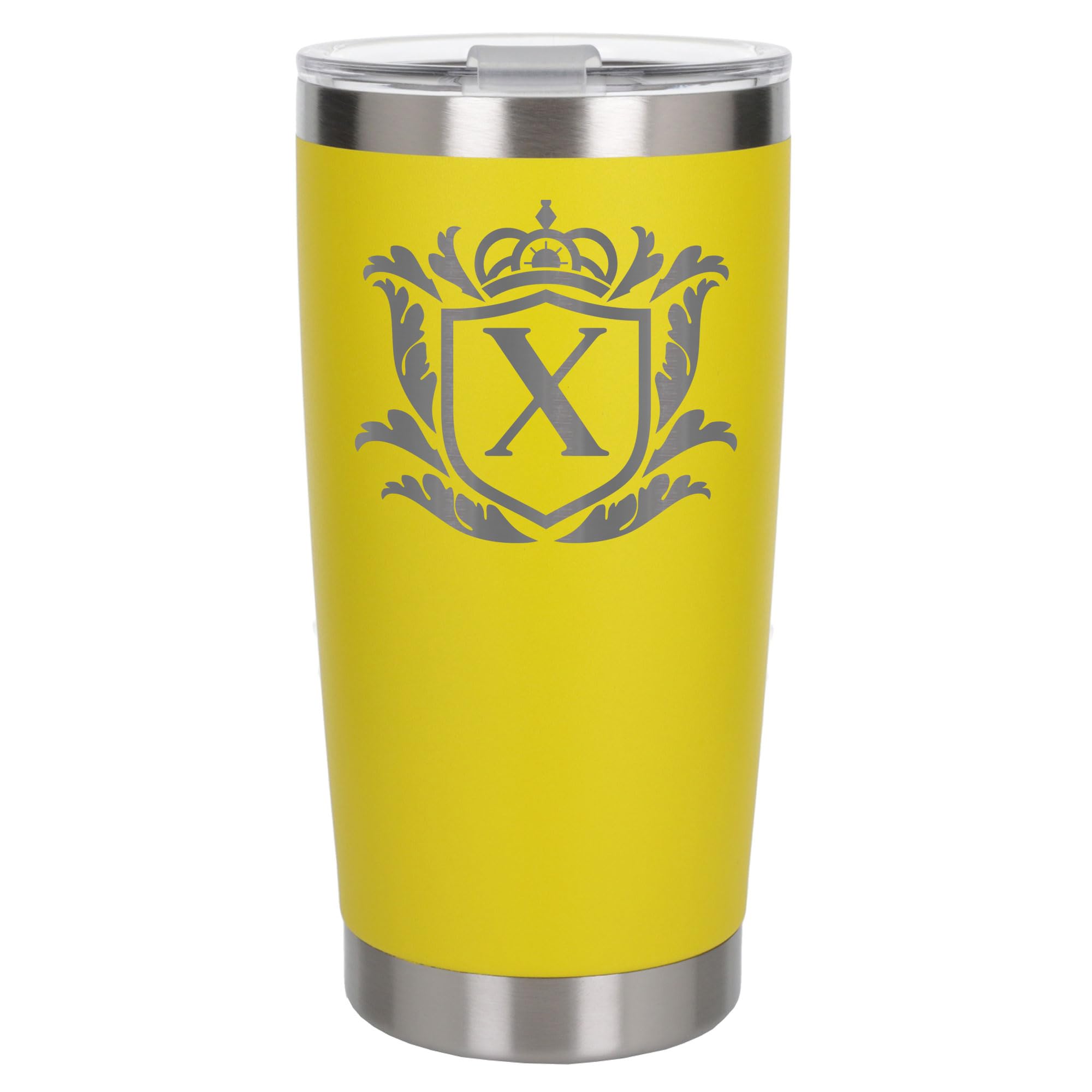 Customised Gifts 500ml Engraved Shield Initial Monogram Insulated Personalised Yellow Travel Mug for Men and Women - Personalised Initial Coffee Travel Mug for Hot and Cold Beverages, Letter X