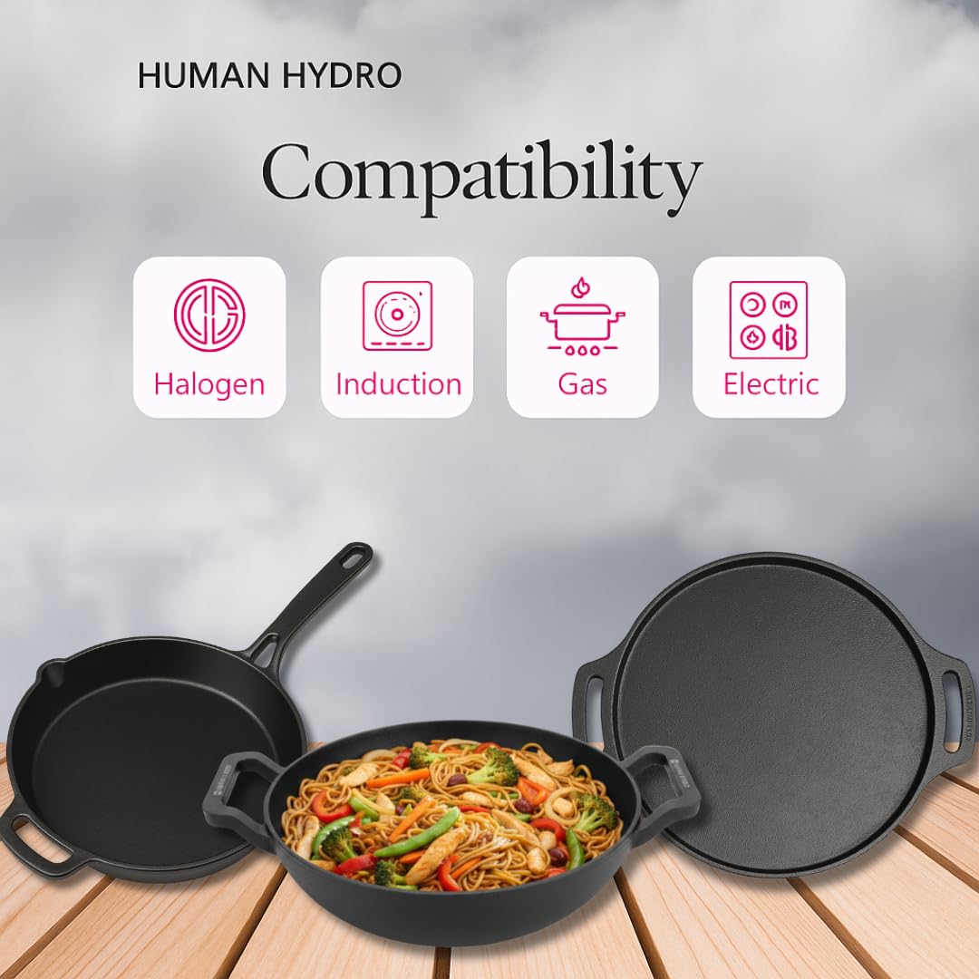 Human Hydro Cast Iron Cookware Set with Free Wooden Spatula - Kadai(23 Cm/9 Inch), Fry Pan(25 cm/10 inch) and Tawa(30 cm/11.8 Inch), Pre-Seasoned, Gas & Induction Friendly Base, Black 1