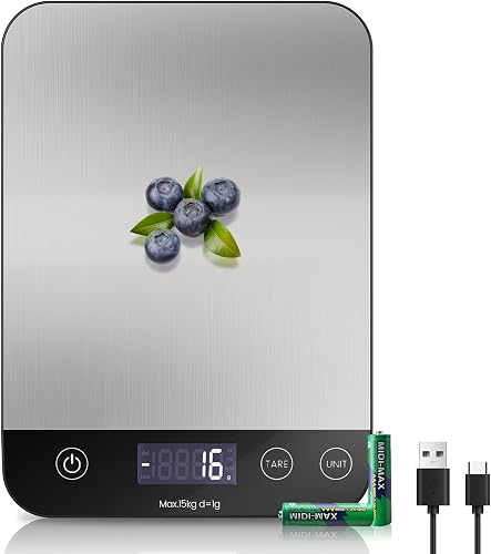 [ Recargable y 15KG ] Bascula Cocina Digital de, Balanza Cocina USB C de Acero Inoxidable, Peso de Cocina Precisión de 1g, Bascula de Cocina Multifuncional con Función de Tara