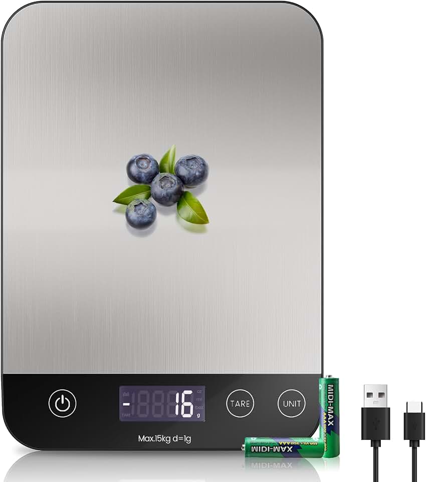 [ Rechargeable & 15kg ] Balance de Cuisine Numérique, Balance Cuisine électronique USB C, Balance Alimentaire de Haute précision 1g / 0,1 OZ, Fonction dure Professionnelle, Batterie incluse