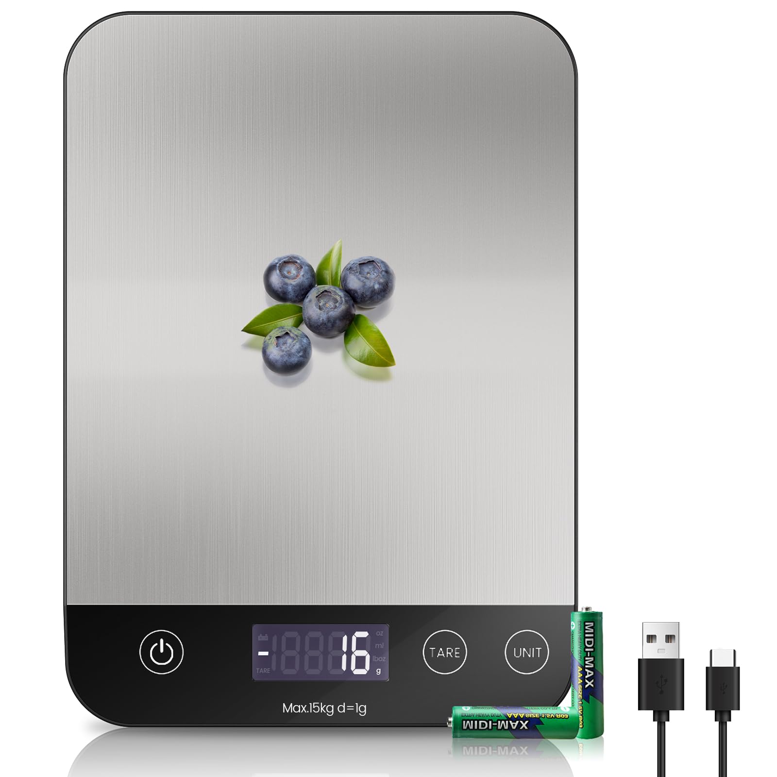 【Ricaricabile & 15KG】 Bilancia Cucina Digitale, USB C Elettronica Bilancia da Cucina,Alta Precisione 1g/0.1oz Bilancia Alimenti, Professionale con Funzione Tare, Batterie Incluse