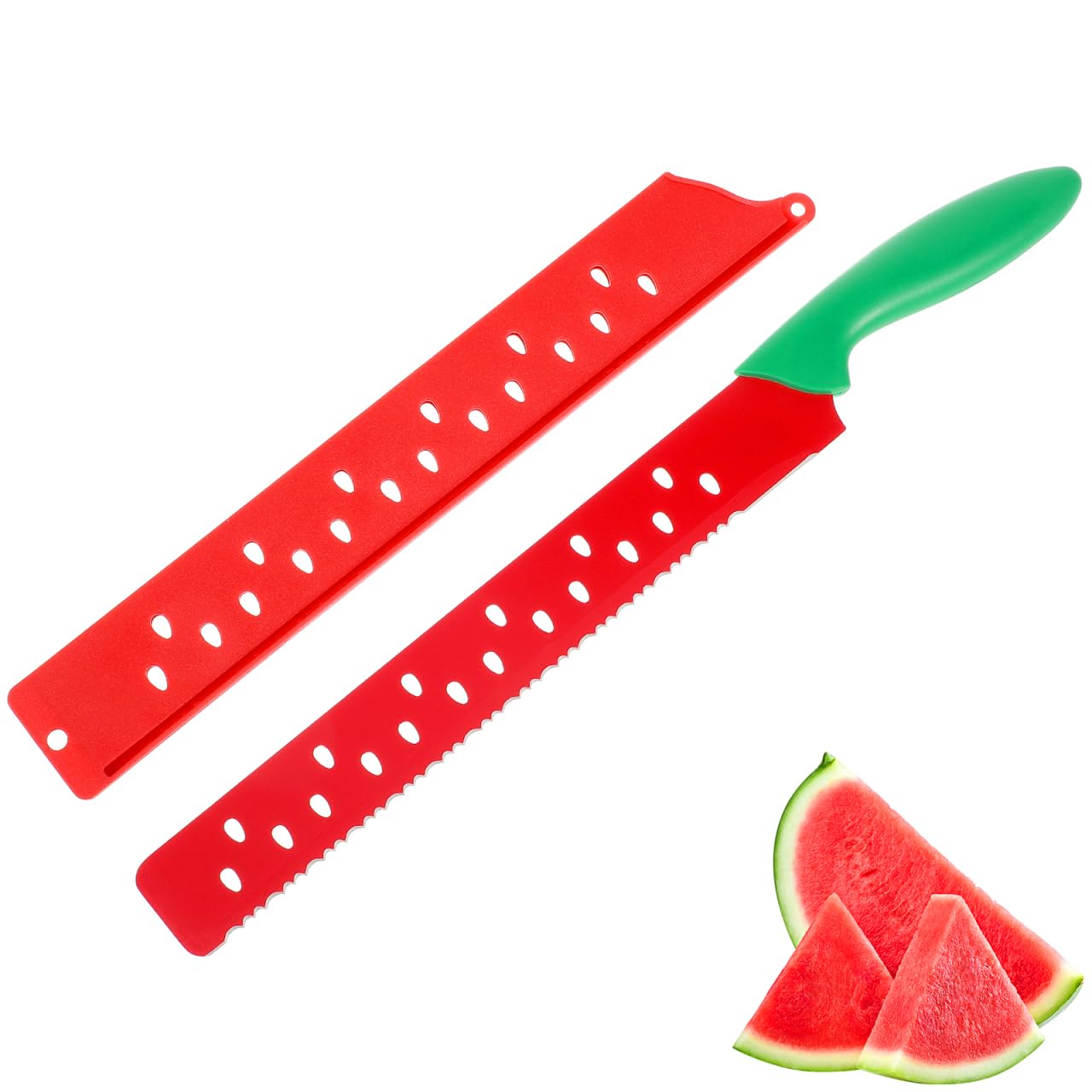 YARNOW Wassermelonenschneider 43.5 cm Großes Melonenmesser mit Schutzhülle Edelstahl Wellenmesser für Wassermelone Obst Brot Kuchen Profi Brotschneider Rot Grün Küchenhelfer