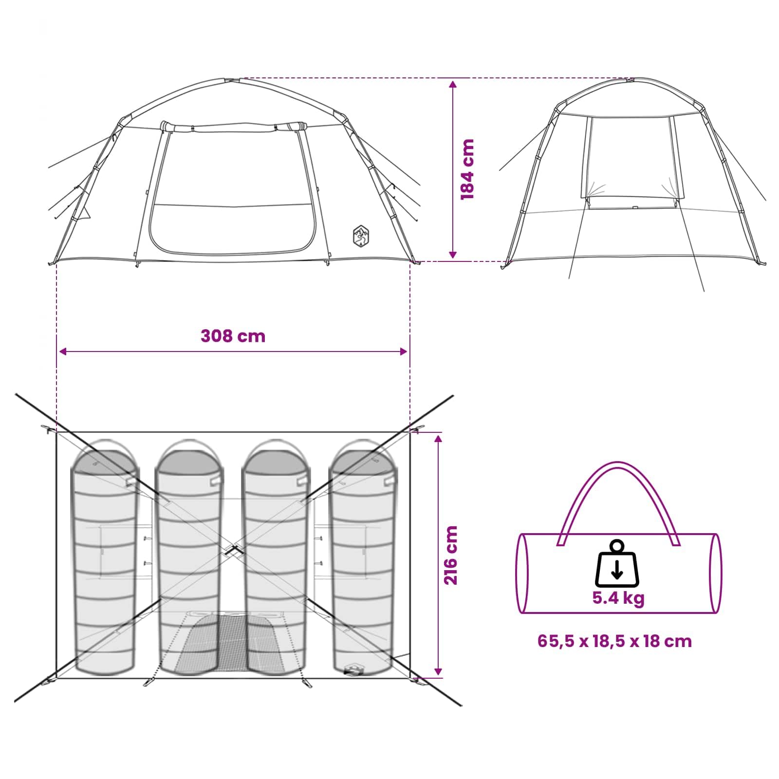 Hütten Tente avec toit vert olive 300 x 210 x 156 cm polyester tente cabine pour camping 4 personnes tente jetable étanche avec fermeture éclair facile à monter