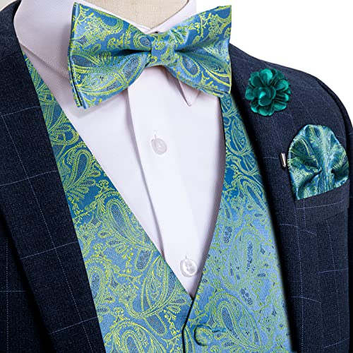 Image of DiBanGu Mens Paisley Suit Waistcoat,Silk Dress Vest and Bowtie Pocket Square Cufflinks with Lapel Pin Set for Wedding Tuxedo, Teal Green, Small