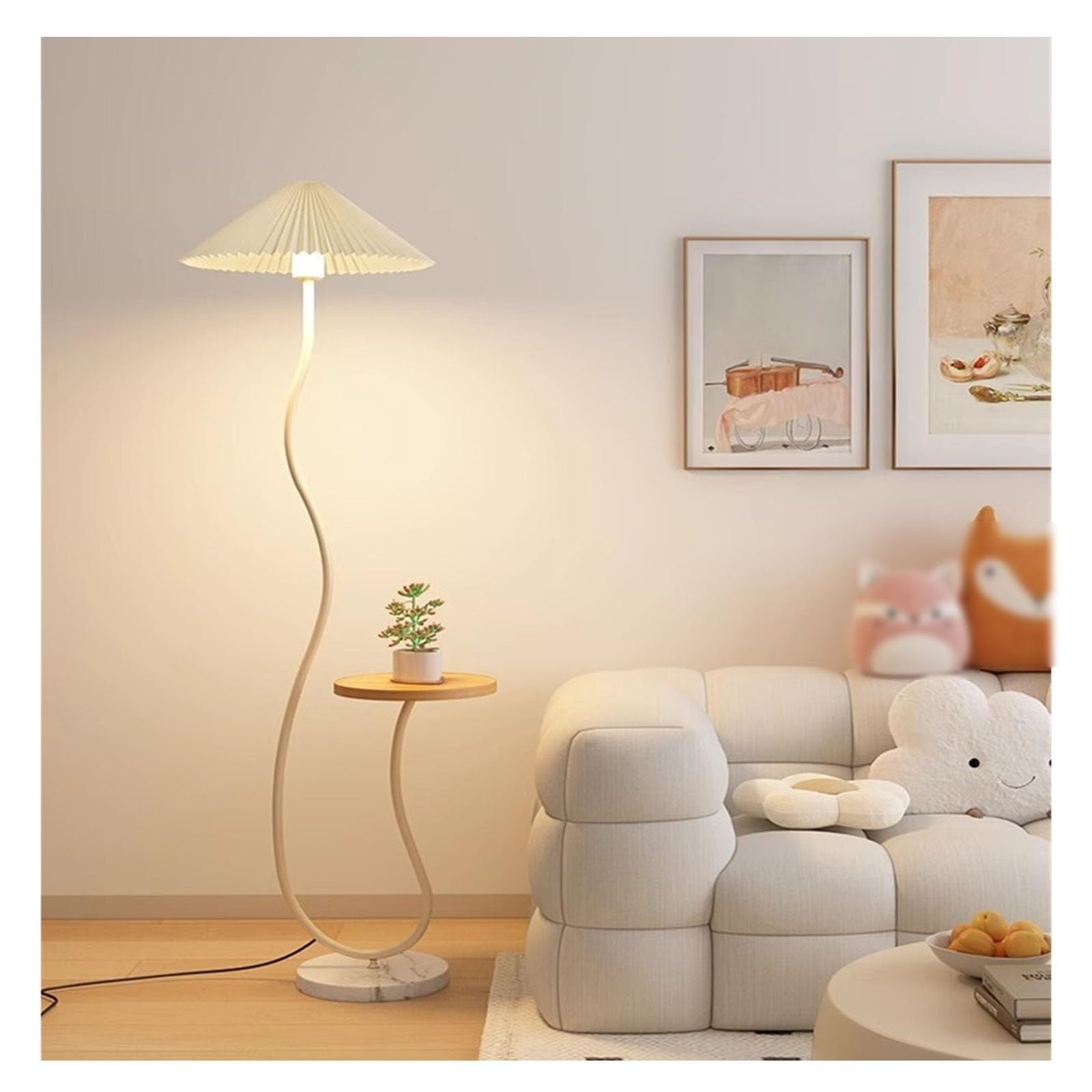 LJHFG63KUYT Standing Lamps Modern Mid-Century Gold Arc Floor Lamp with Shelf with Pleated Cloth Lampshade Marble Base Decorate(White)