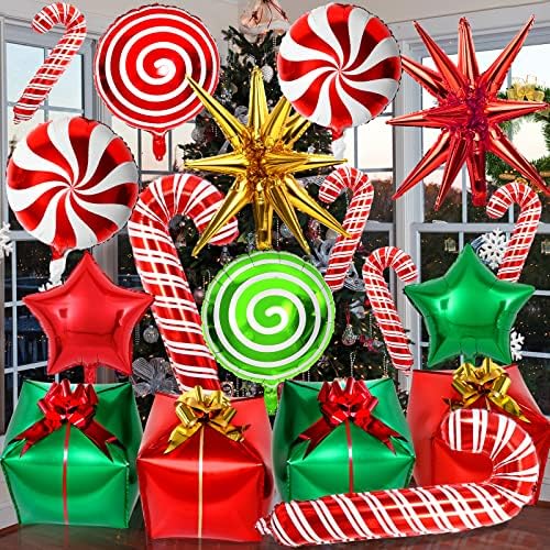 LWBDD Merry Christmas Balloons, Xmas Party Supplies Birthday Decorations, Christmas Candy Foil Balloons Garland Arch Kit, Cane Swirl Mylar Candies Balloons, Winter New Year Holiday Party