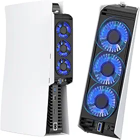 Para ventoinha de refrigeração PS5 com luz LED, acessórios de refrigeração silenciosos e eficientes para PS5 HUIJUTCHEN Ventilador Cooler atualizado para PlayStation 5 Disc/Digital com porta USB 3.0