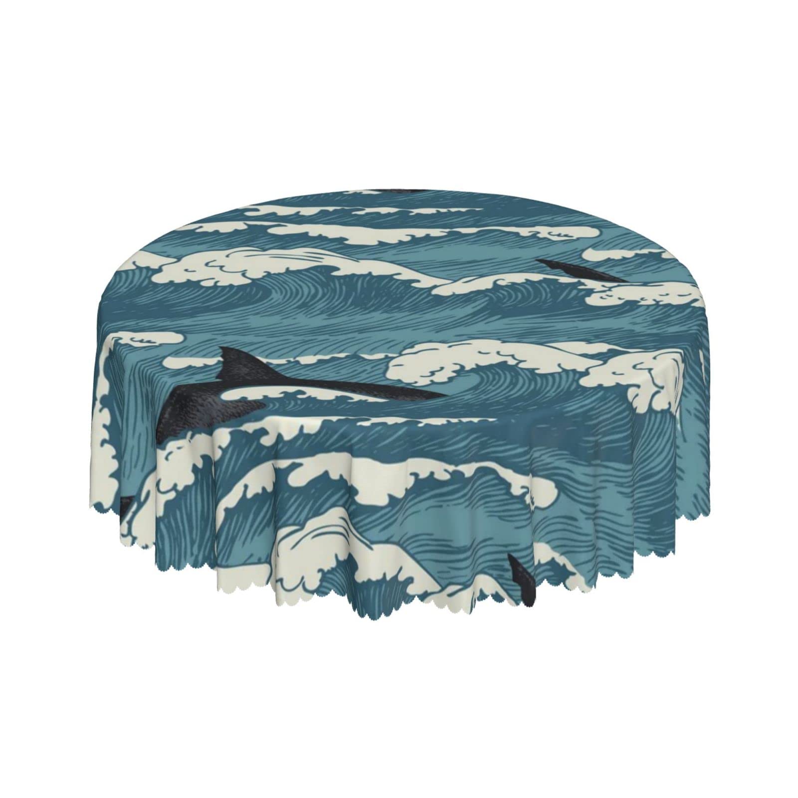Lsjuee Sea Waves Ocean Life Sharks Round Tablecloth 60 Inch Printed Washable Tablecloth for Dining Party Holiday Fall Home Decorative