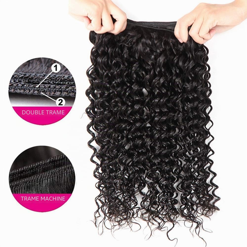 Extensions de cheveux humains bouclés avec fermeture 100 % cheveux humains brésiliens vierges non transformés avec fermeture de 10,2 x 10,2 cm, 30,5 cm, 40,6 cm + 25,4 cm, couleur noire naturelle