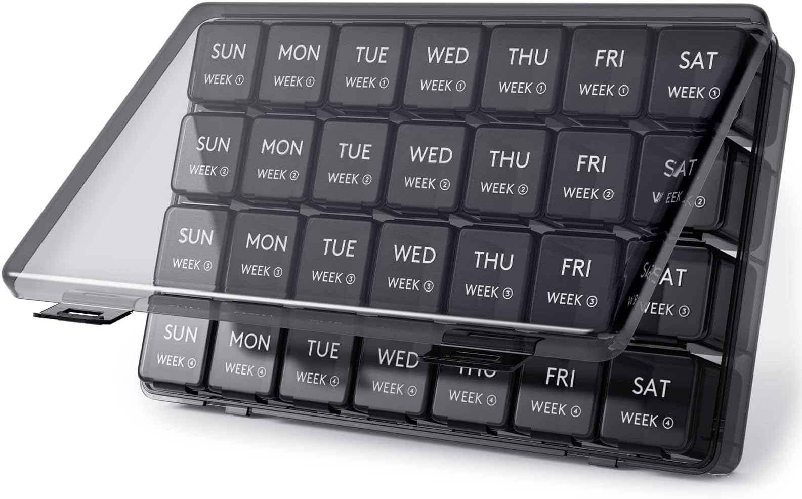 Excefore Monthly Pill Organizer, 28 Day Pill Box, 4 Weeks One Month Pill Cases, Vitamin Planner, Large Compartments Medicine Organizer for Fish Oils, Supplements, Black
