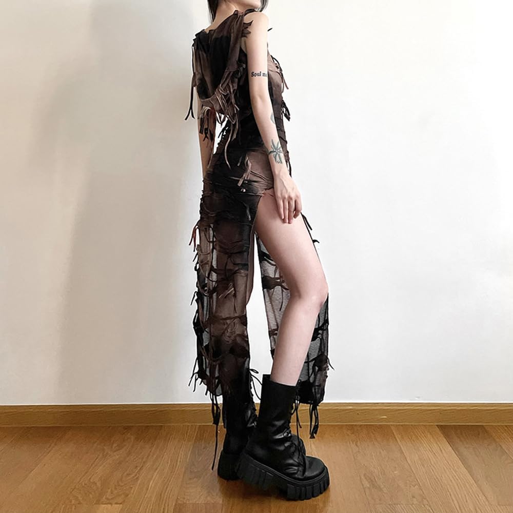 Women's Sexy Gothic Cut Out Sleeveless Bodycon Maxi Tank Dress for Party Night Sexy Club Bodycon