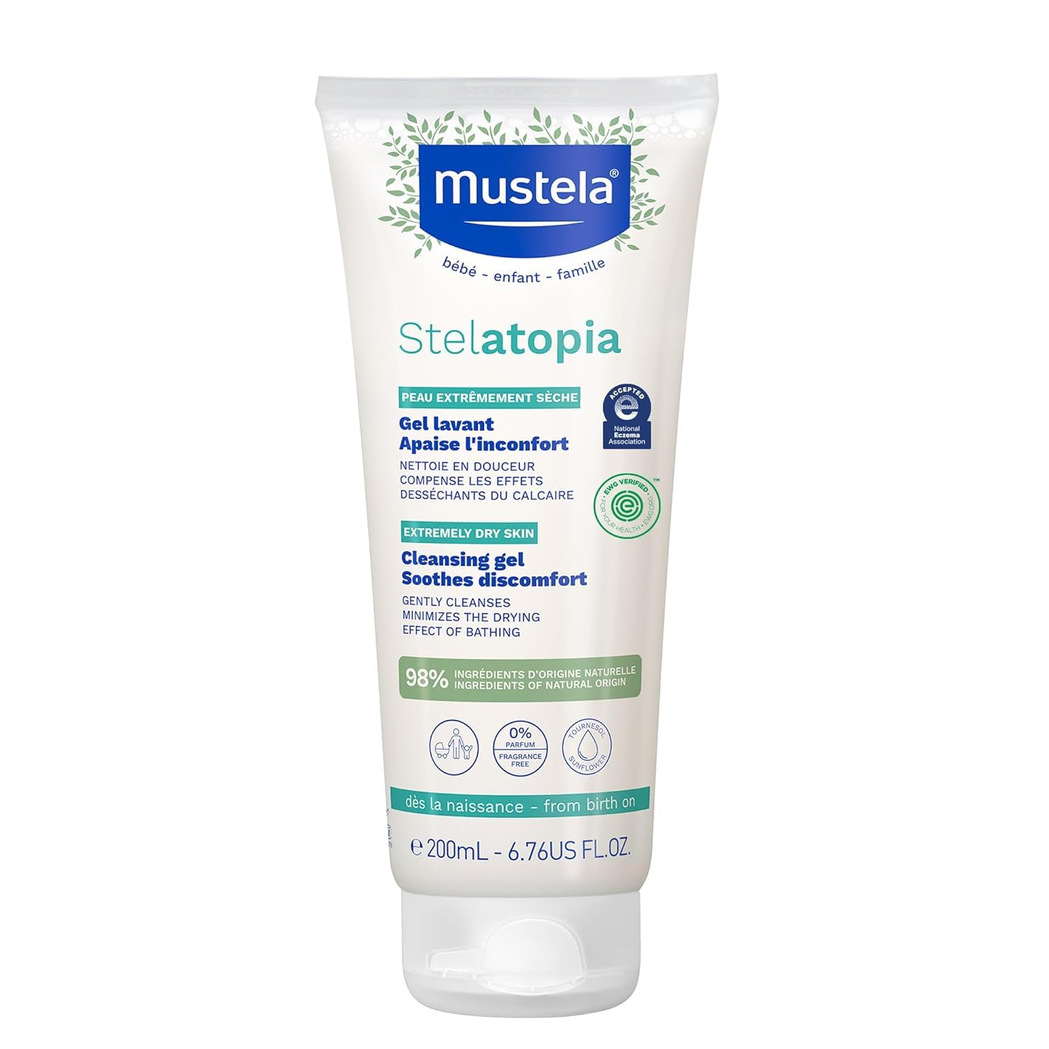 Mustela Stelatopia Cleansing Gel with Sunflower Oil - 200ml | Tear-Free Baby Cleanser for Face & Body | Enriched with Natural Avocado Perseose | Gentle, Hypoallergenic Baby Wash | Made in France