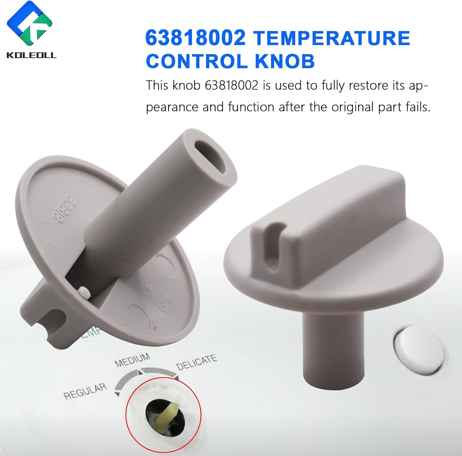 Back view of KOLEOLL 63818002 Temp Control Knob showing the D-shaped shaft opening