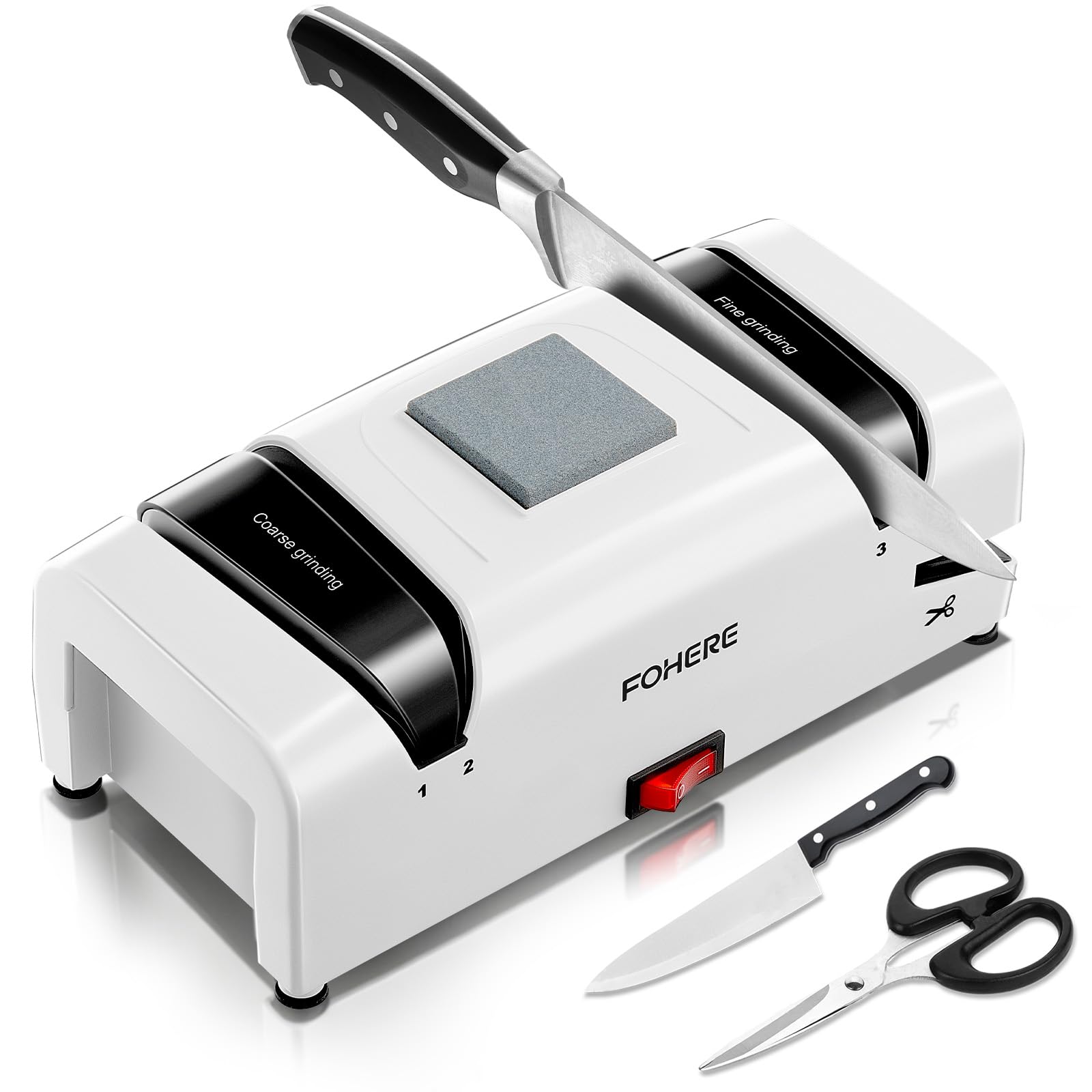 FOHERE Affilacoltelli Elettrico Professionale 5 in 1, 2 Raccoglitrucioli Magnetici, Abrasivi Diamantati al 100% per Coltelli da Cucina in Acciaio Doppio, Forbici e Cacciaviti a Taglio