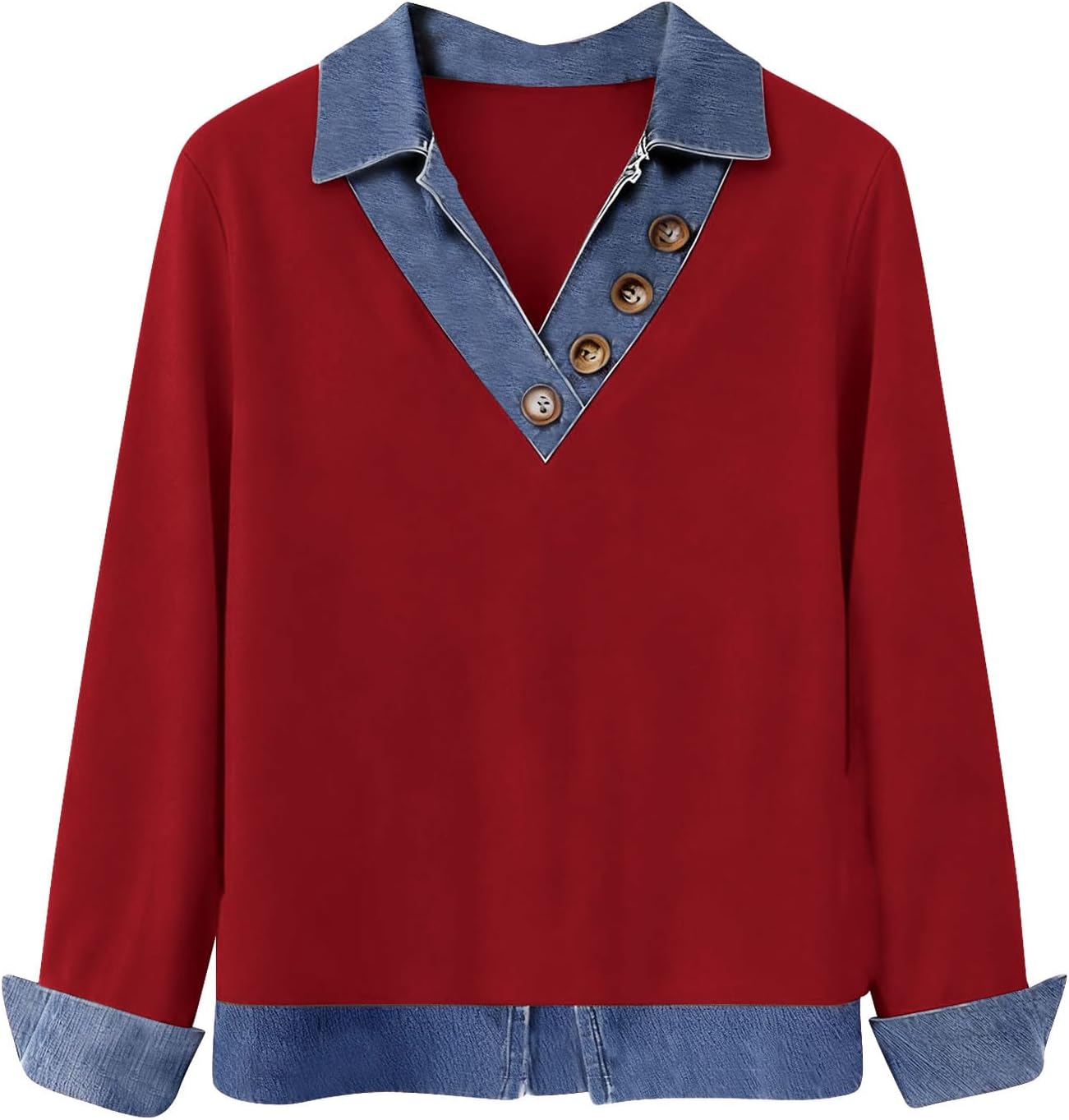 Women's Denim Collar Tops Long Sleeve Patchwork Pullover Shirts | Business Casual Work Blouses Fall Thermal Pullover Shirts Soft Cute Tunic Beach Athletic Vacation Clothes
