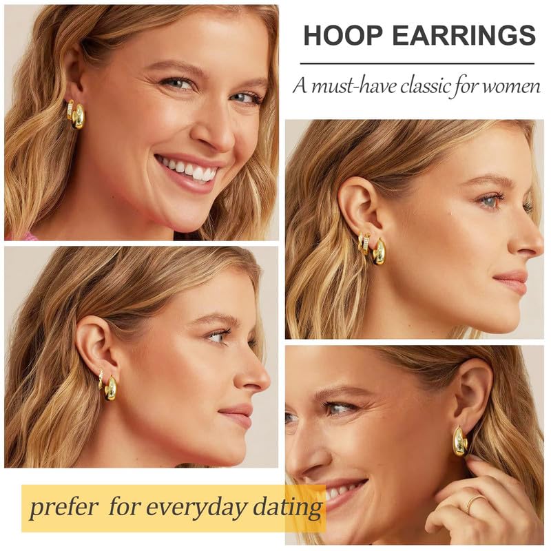 3 Pairs Gold Hoop Earrings Set for Women Trendy - 14K Real Gold Plated Hoop Earrings - Hypoallergenic Cute Zirconia Stud Earrings Jewelry Gifts for Multiple Piercing4