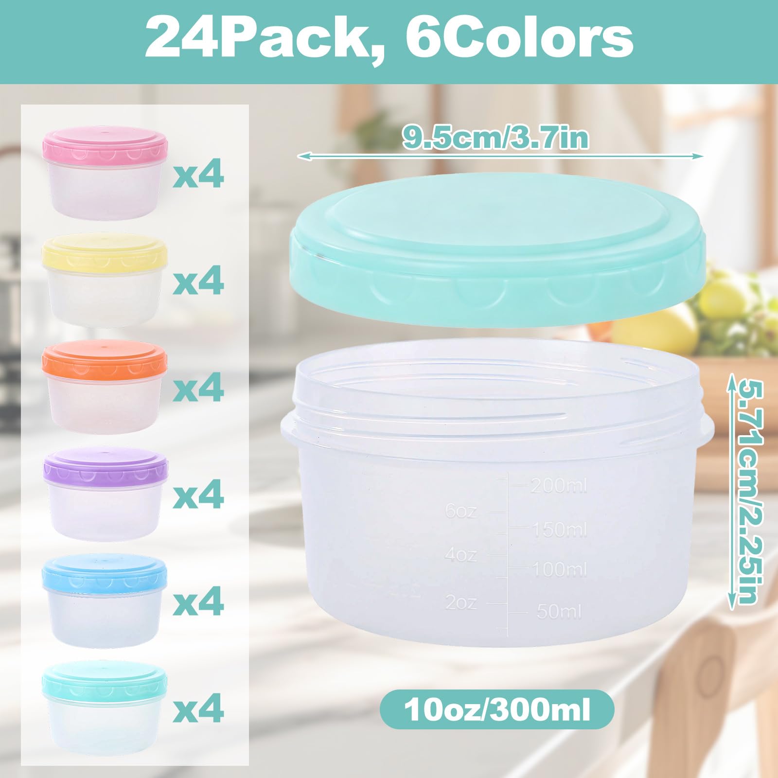 YOUNTHYE Confezione da 24 piccoli contenitori per alimenti con coperchio, 300 ml, riutilizzabili e impilabili, contenitori per alimenti con coperchi colorati per pranzo, frutta, yogurt