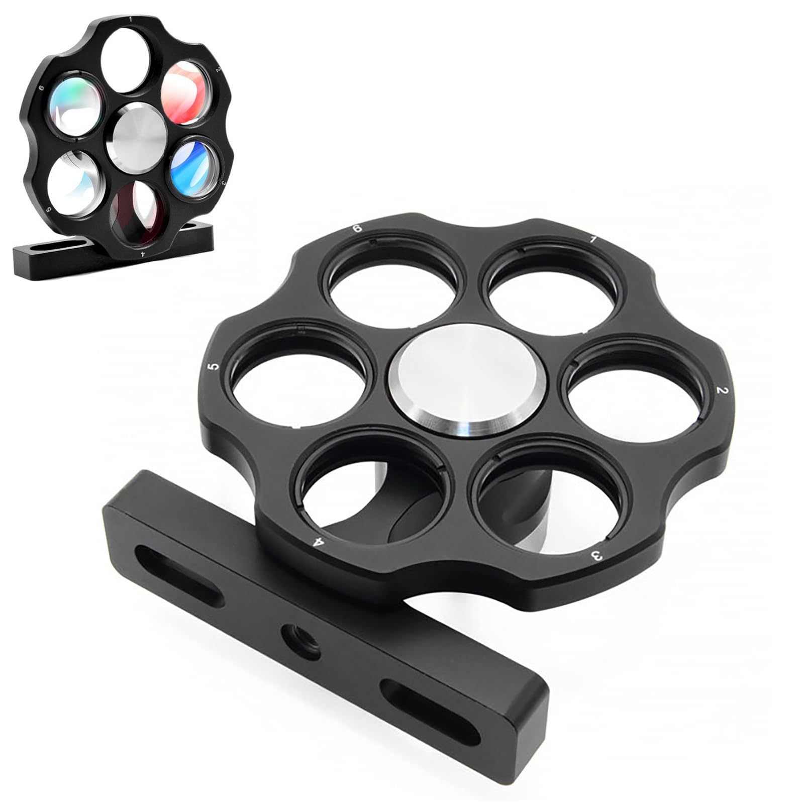 Rueda de filtros coaxial de 6 Posiciones, Soporte roscado de 1"-40, Cambiador de filtros ópticos Giratorio para Filtro de Ø1 (25 mm), aleación de Aluminio 7075, para Laboratorios(Single Wheel)