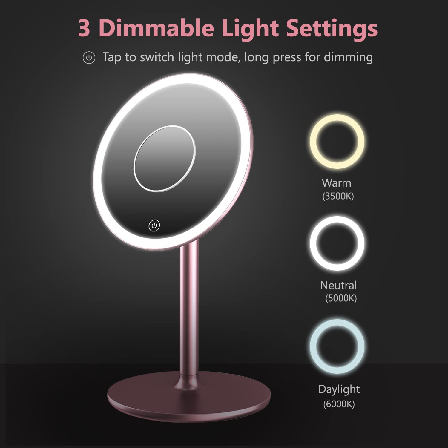 Kostlich Miroir Cosmétique LED 3 Couleurs - Pivotant 360°, Grossissant X10, Rechargeable USB