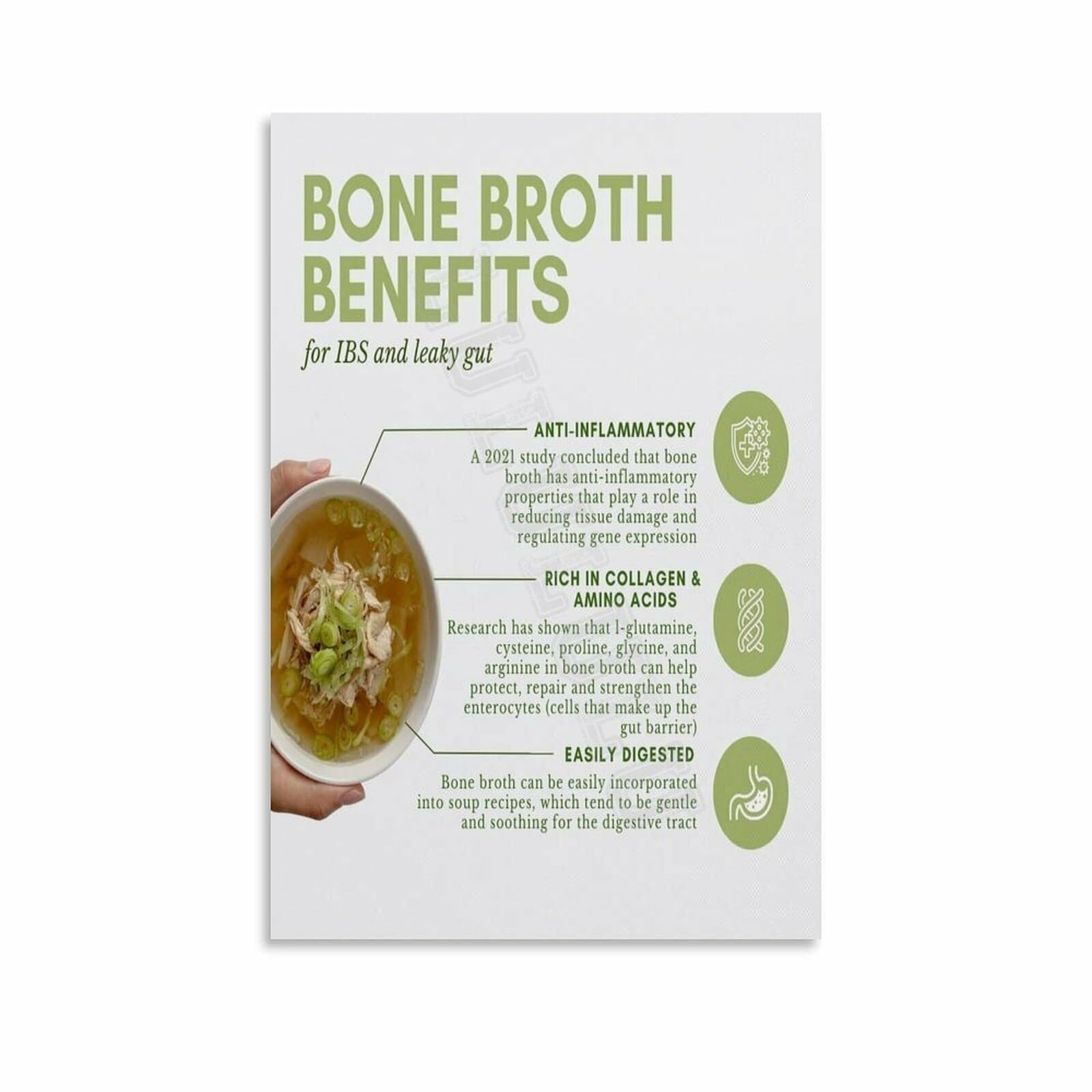 KCDFDVJFBM Bone Broth Nutritional Benefits Poster Guide to Gut Health and Wellness Wall-Art for Kitchen Decor(Framed,12x18inch(30x45cm))